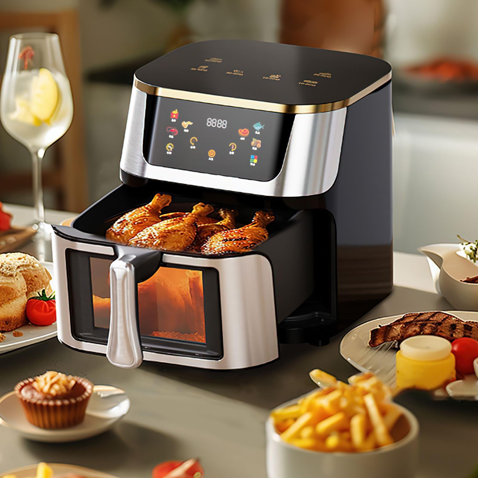 Air Fryer 12L,Freidora de aire con ventana de visualización,Pantalla táctil digital,Menos grasa,Circulación de aire caliente,Menús Preprogramados Saludables,Cocción rápida a alta temperatura de 210℃