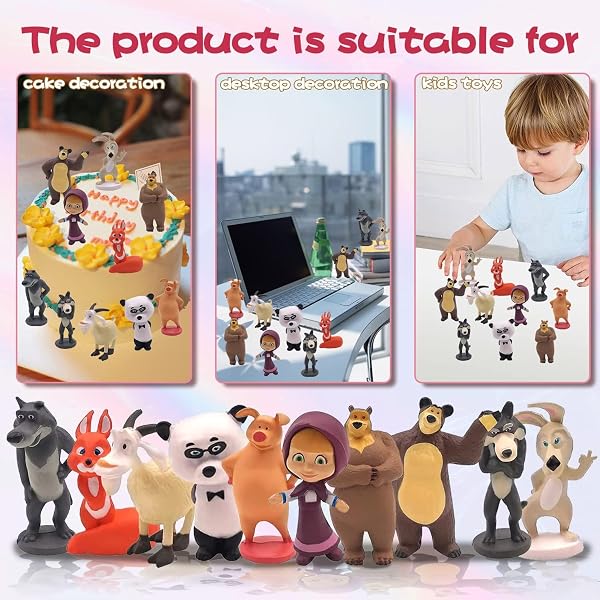 HBSFBH Masha e Orso Cake Topper, 10 Pezzi Masha e Orso Mini Figures Set, Cake Figurine Decorazione, Masha Cake Topper Mini Figurine, Decorazioni per Torte, Modello per Fan Collezionisti - 4