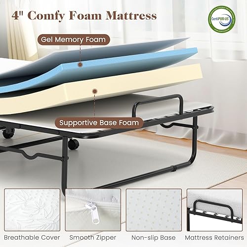 Miniatura 5 de MAT EXPERT Cama plegable con colchón, cama plegable con colchón de espuma viscoelástica de 4 pulgadas y funda transpirable, 4 ruedas lisas con 2