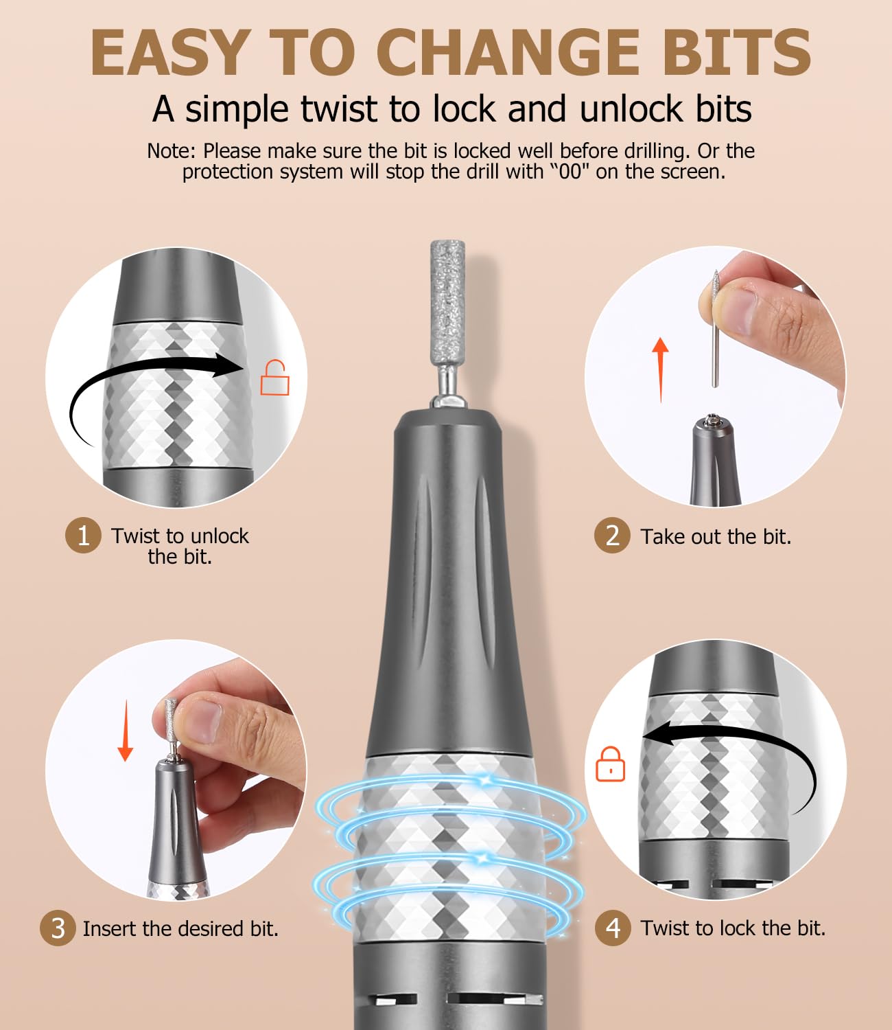 45,000RPM Torno para Uñas Profesional, Lima Electrica Uñas, Velocidad Ajustable,Set de Accesorios para Manicura y Pedicura con Brocas de Cerámica,para Uso Doméstico Salones de Uñas