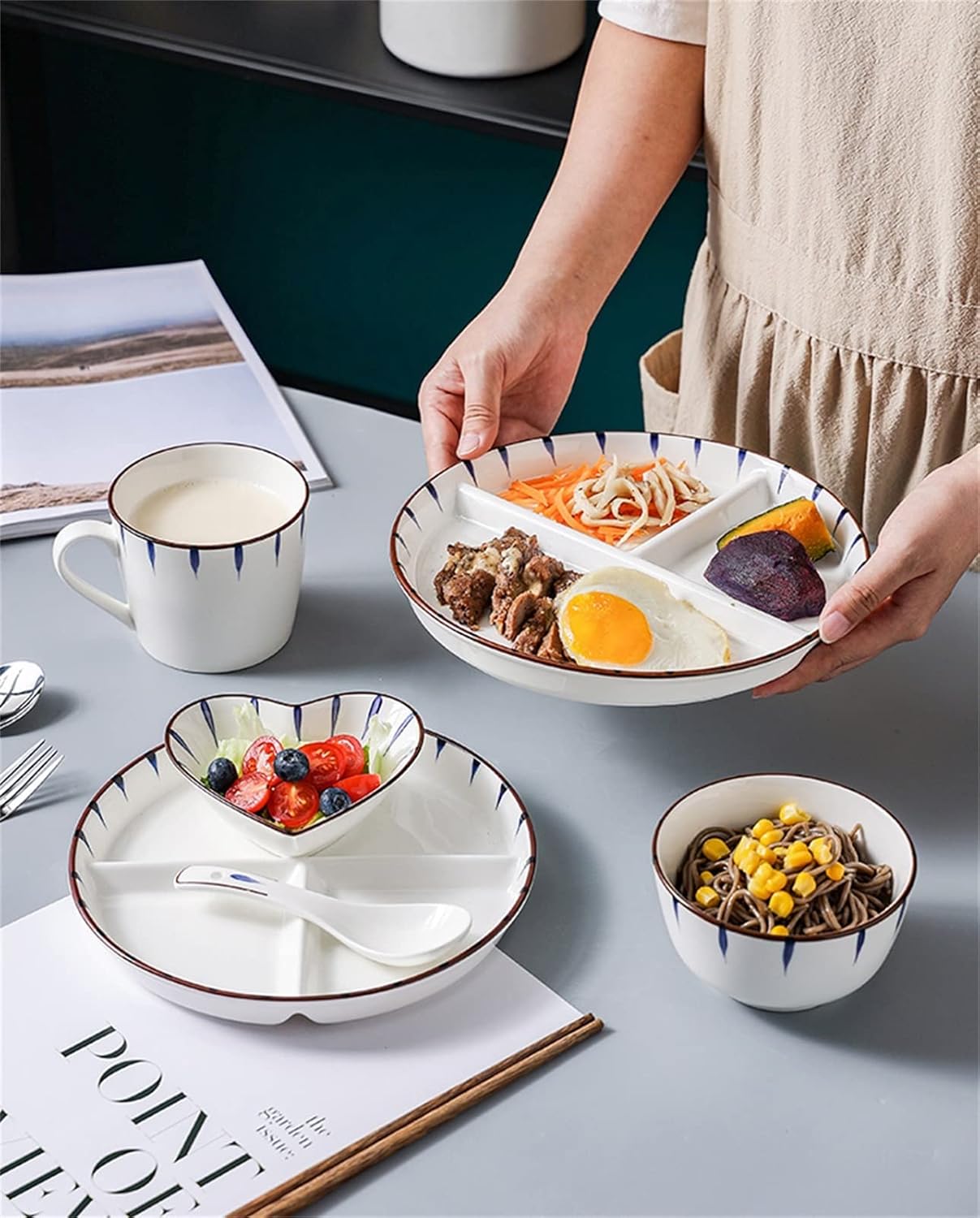 Weight Management Tableware - Round Dinner Plate Set with Spoon and Chopsticks Large Ceramics Dinnerware, Japanese -style White Pattern Divided Plates, Micro-wave and Dishwasher Safe (Color : 8inch