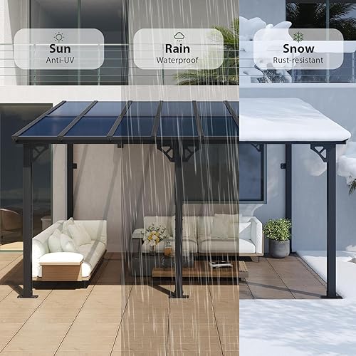 Miniatura 10 de Aoxun Gazebo de 10 x 10 pies, pérgola de kioscos montada en la pared, patio al aire libre, toldos de glorieta con techo inclinado, para porche,