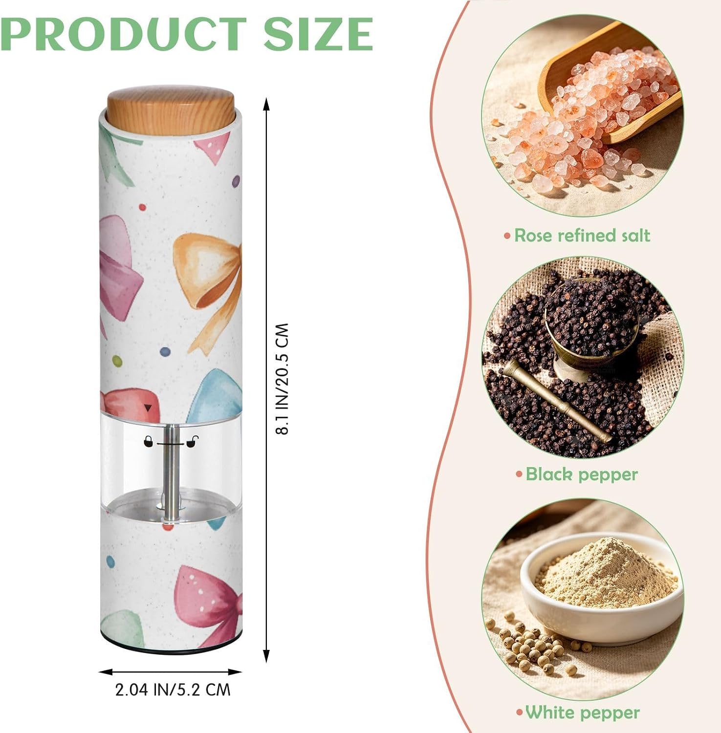 ALAZA Electric Pepper Grinder with Adjustable Coarseness, Bow Dot Pattern Blue Pink Yellow Battery Automatic Salt and Pepper Mill with Led, One-Handed Operation Spice Grinder for Kitchen, Camping & BB