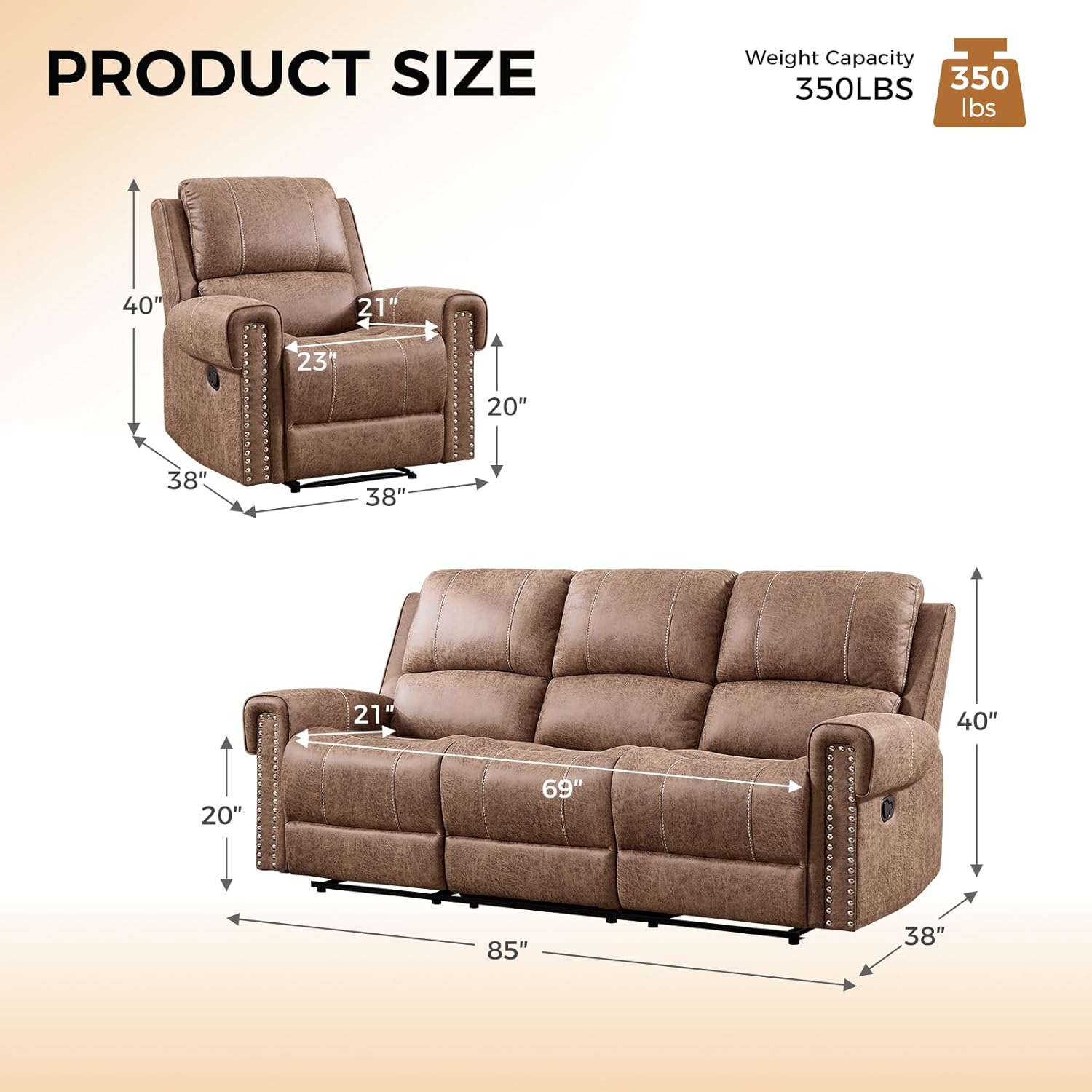 CANMOV 2 Pieces Faux Leather Manual Reclining Couch Furniture Set, Included 2 Reclining Chair and One 3 Seat Recliner Sofa Couch, Mid-Century Modern Rivet Decoration Sofa for Living Room, Brown