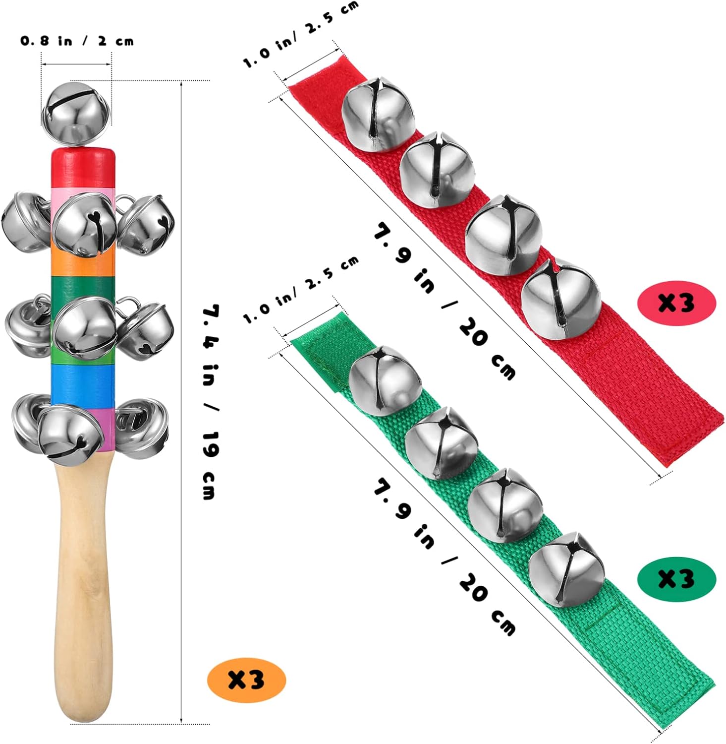 MILISTEN 3 Sets of Christmas Hand Jingle Bells and Band Wrist Bells, Hand Bells Ankle Bells, Wooden Handle Rainbow Bells Shaker Rattles, Hand Percussion for Christmas : Musical Instruments