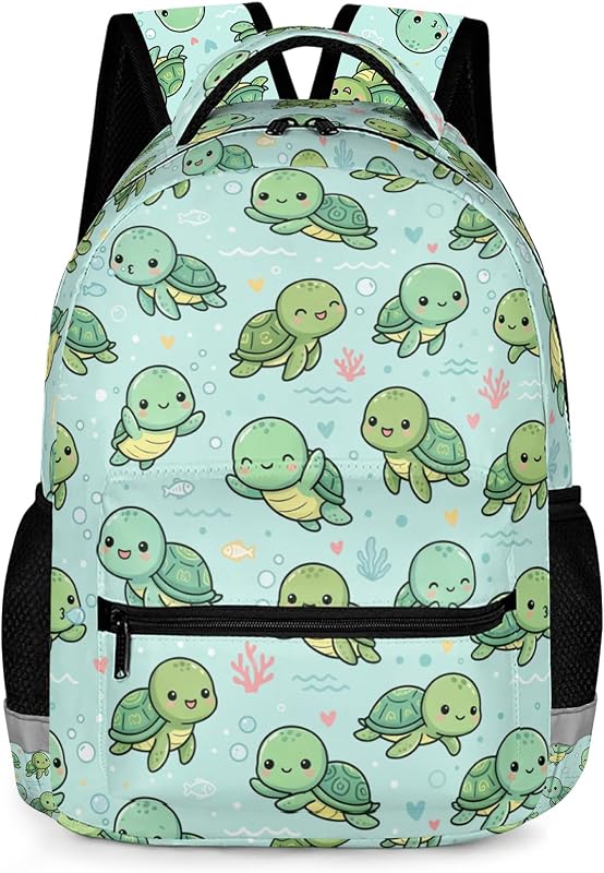 Mochila de tortuga marina Kawaii para niños, mochila escolar subacuática verde menta con tira reflectante, bonita mochila de dibujos animados para niños pequeños de kindergarten de primaria para niñas, 17 pulgadas