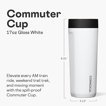 Corkcicle Commuter Cup Travel Mug - Insulated Coffee Mug with Lid - Keeps Drinks Cold 18 Hours - 360° Spill-Proof Sip Lid - Holdiay Gift - Great for Gifting Warmth - 17 oz - Gloss White
