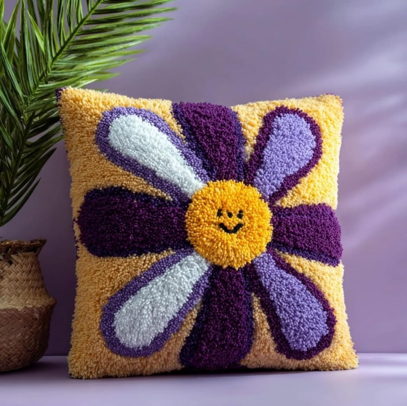 WallustrioaW Latch Hook Craft Cushion Kit 43x43cm,Purple Flowers