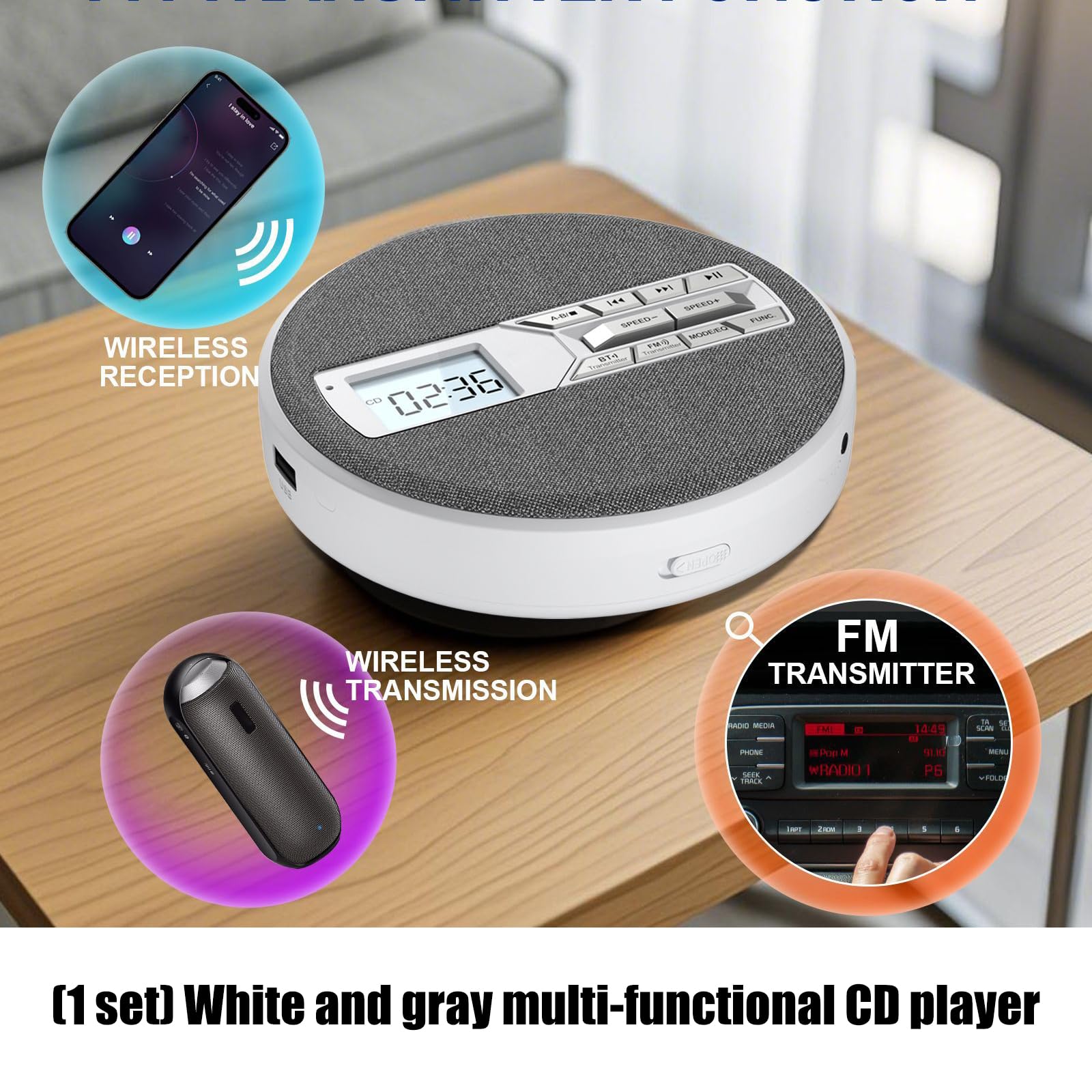 Lettore musicale multiformato con uscita da 3,5 mm e pulsante retroilluminato per disco LCD per casa e viaggio