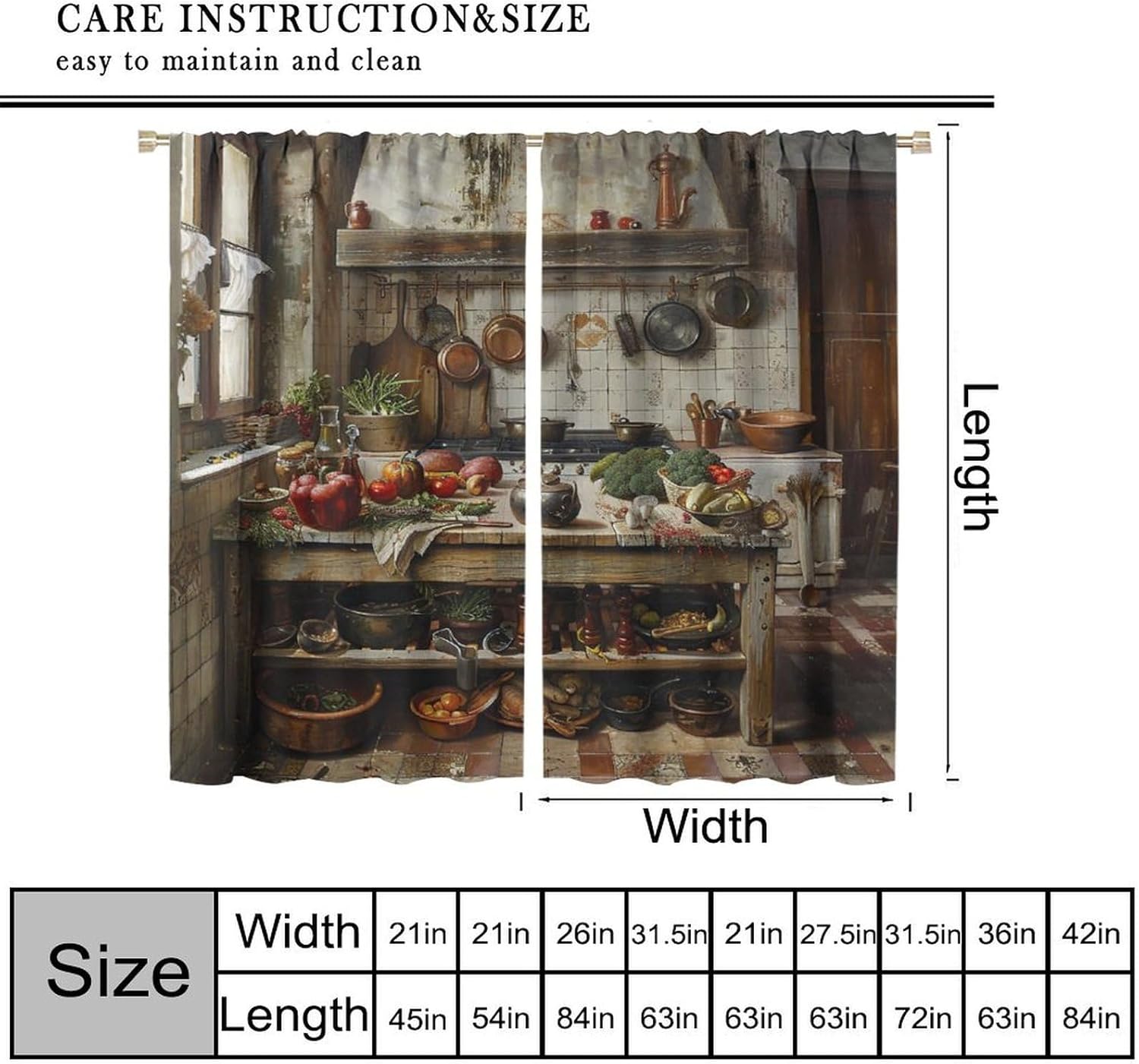 Rustic Kitchen Blackout Curtains Vintage Farmhouse Illustration Vegetables Spices Cookware Home Decor Rod Pocket Window Treatments for Kitchen Cafe Restaurant Bakery 42" W X 45" L