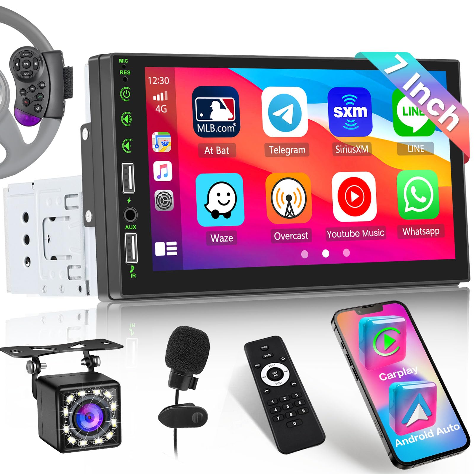 Inefala Autoradio 1 Din con CarPlay e Android Auto, Schermo HD Touchscreen da 7 Pollici Stereo Auto Bluetooth con Assistente Vocale Mirror Link Controllo del Volante FM USB AUX-in Retrocamera