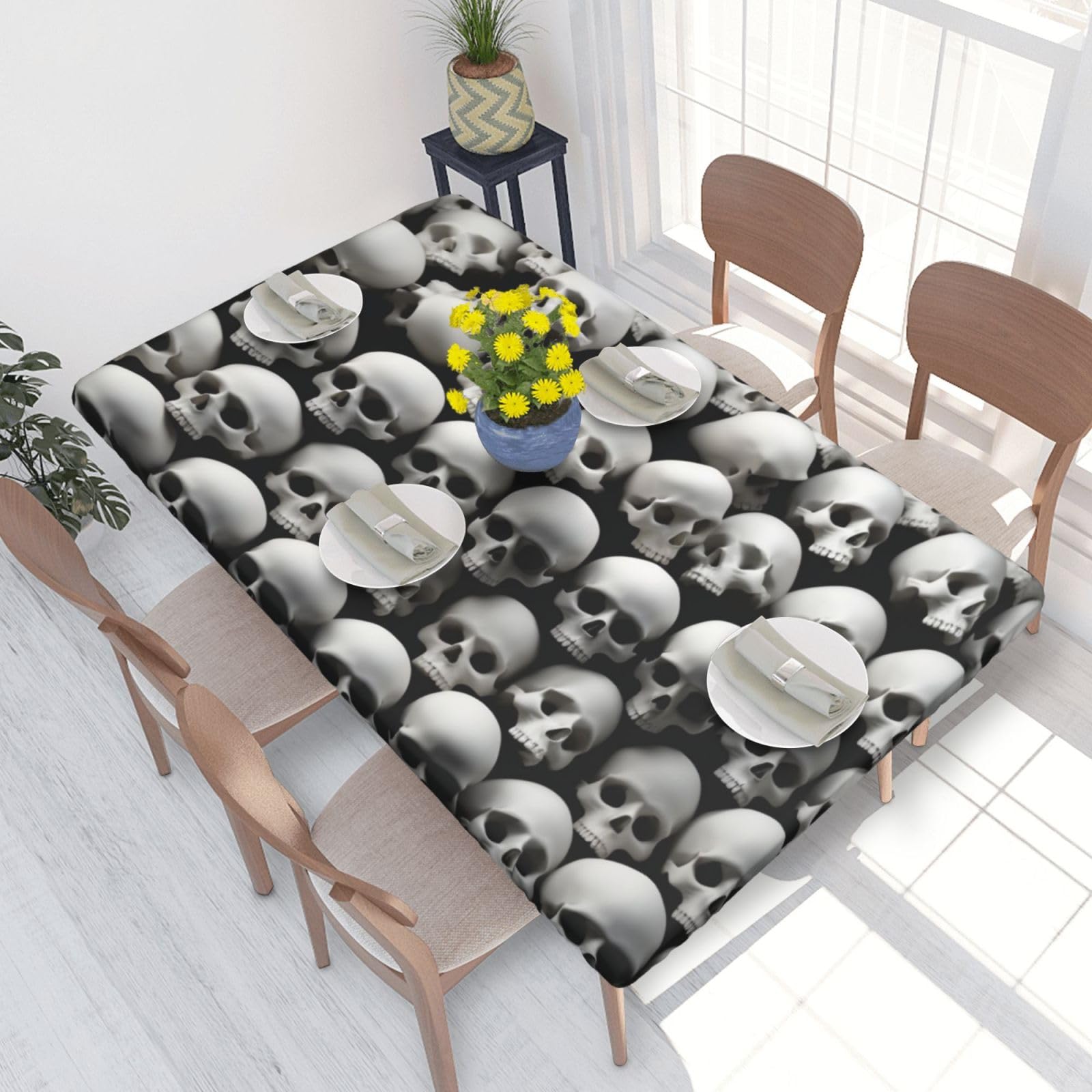 DCARSETCV Skull 2 Printed 4FT Waterproof Tablecloth with Elastic Edged Protect & Decor Your Table, Oil-proof Washable Table Cloth Cover for Dinner Picnic Party