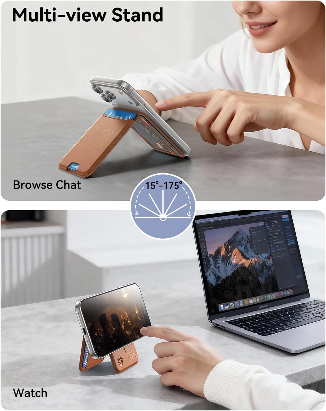 for MagSafe Wallet, Works with Apple Find My,5 Card Holder with Stand, Magnetic Phone Wallet Stand for iPhone 17/16/15/14/13/12 Pro Max Air Plus, RFID Blocking Vegan Leather,Brown