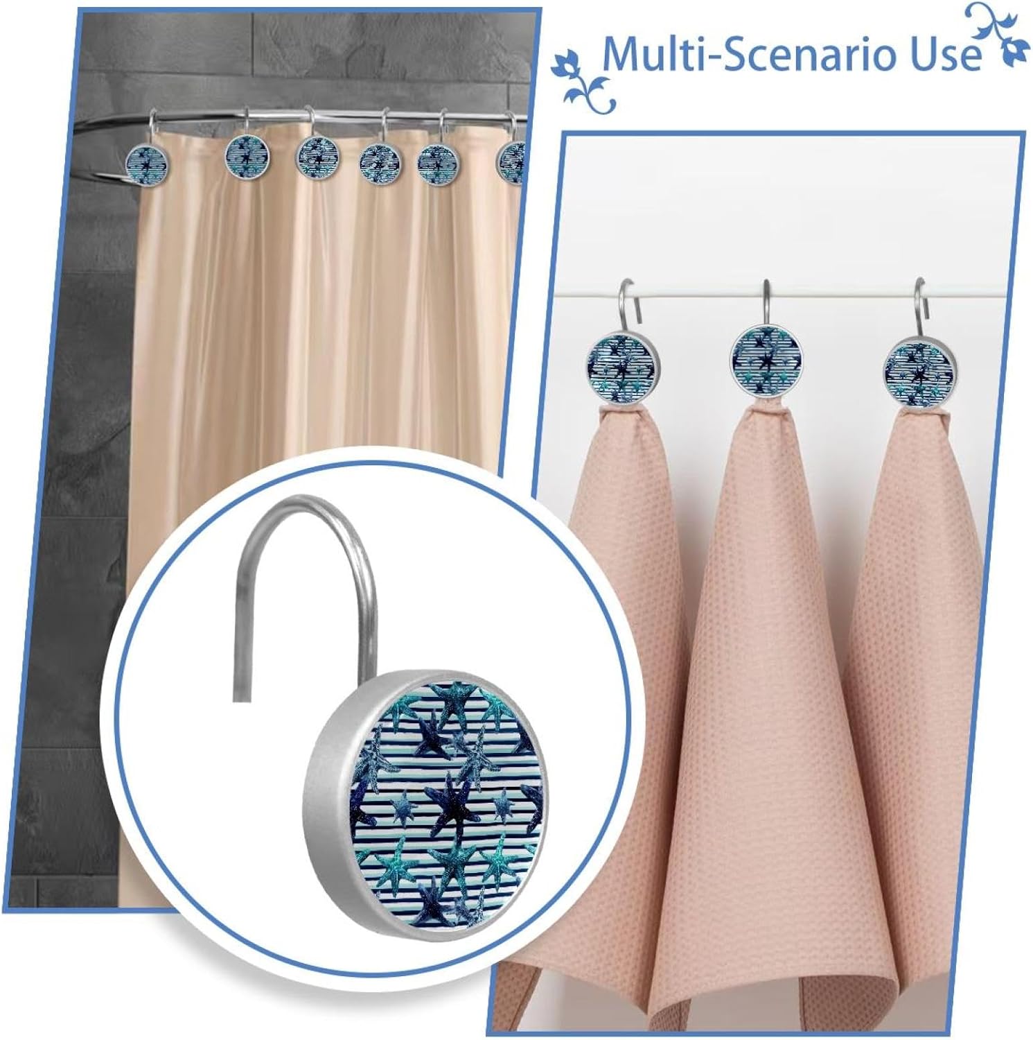 Set of 12 Navy Blue and Turquoise Sea Stars on Str (3) Shower Curtain Hooks, Stainless Steel Shower Hangers for Bathroom, Rustproof Decorative Shower Rings for Bedroom Living Room Shower Curtain Rod