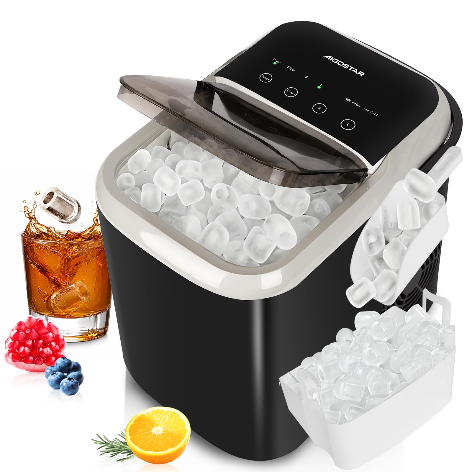 Aigostar Eiswürfelmaschine Klein, Doppeldeckel Ice Cube Maker, Schwarz | 1,5L, 130W, 14kg/24h, 9 Eiswürfel in 6-9 Mins, 2 Eiswürfel Größen, Selbstreinigend, Eisbehälter voll & Wassermangelwarnung