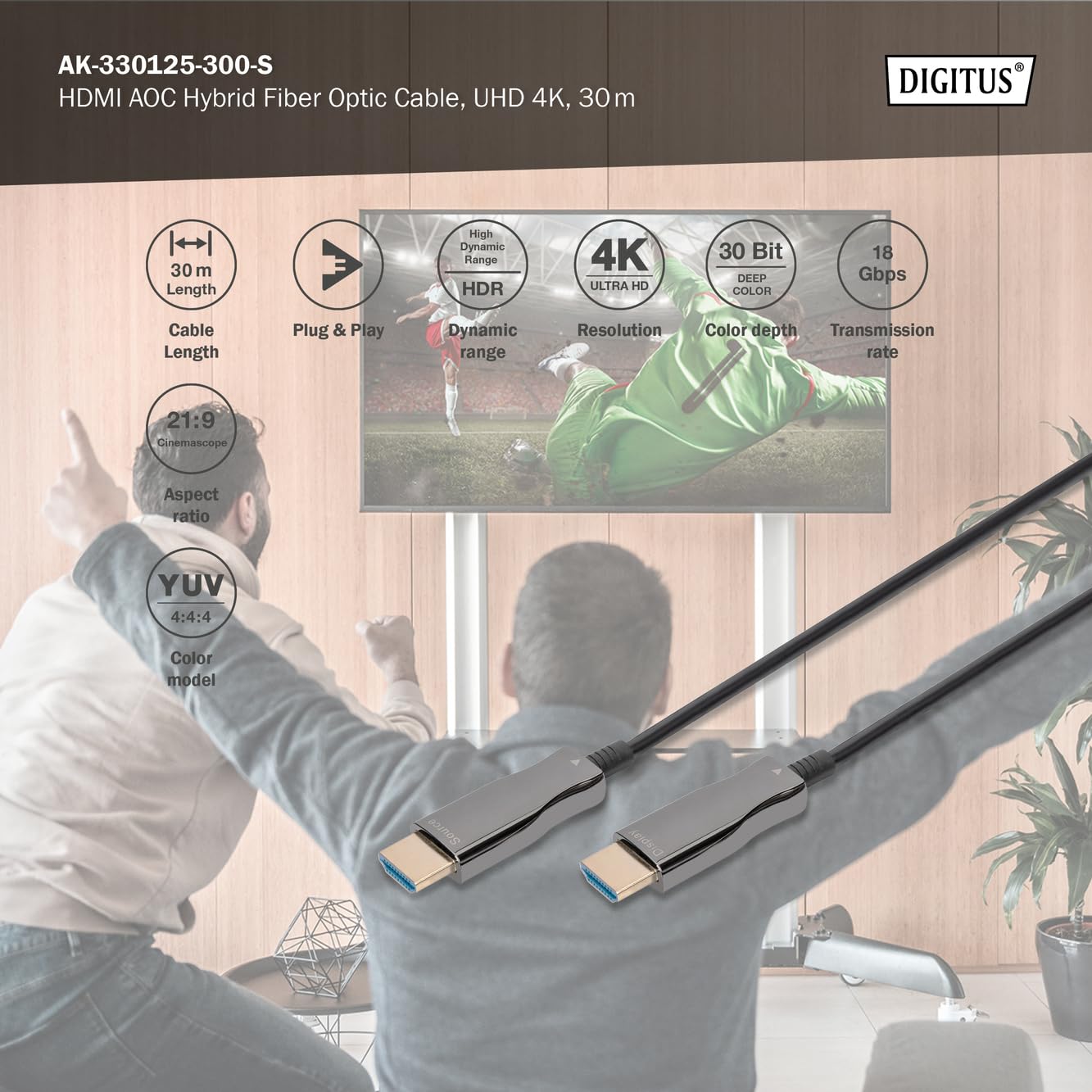 DIGITUS Cavo HDMI in fibra ottica – 30 m – UHD 4k 60 Hz 1080p 120 Hz – HDMI 2.0 – 18 Gbps – ARC, HDR, HDCP 2.2, CEC – Cavo ibrido AOC – Contatti placcati in oro – Nero
