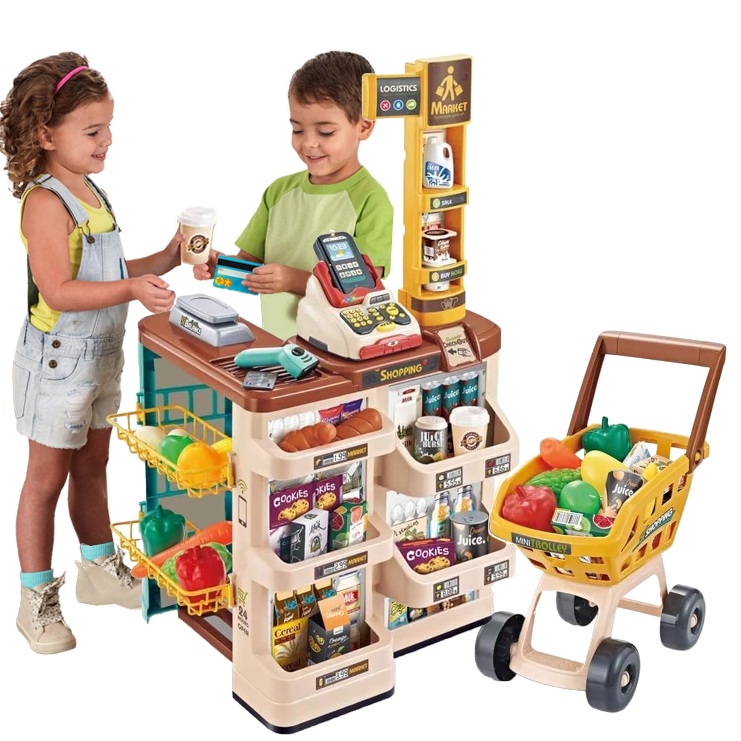 Coo11 48 Pcs Interactive Pretend Play Supermarket Playset for Kids with  Lights Sound Grocery Shop Set Playset with Cash Register Scanner Shop