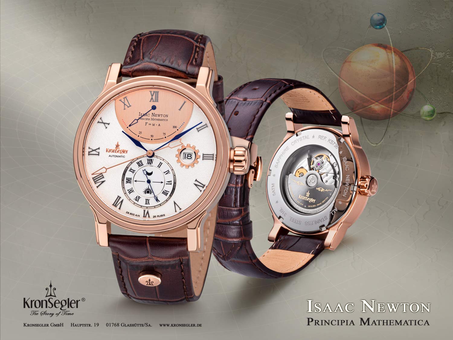 Kronsegler Isaac Newton - Principia Mathematica Rosé Weiß - Automatik Herrenuhr | Gangreserveanzeige, Datum und 24-Stunden-Anzeige | mit Saphirglas