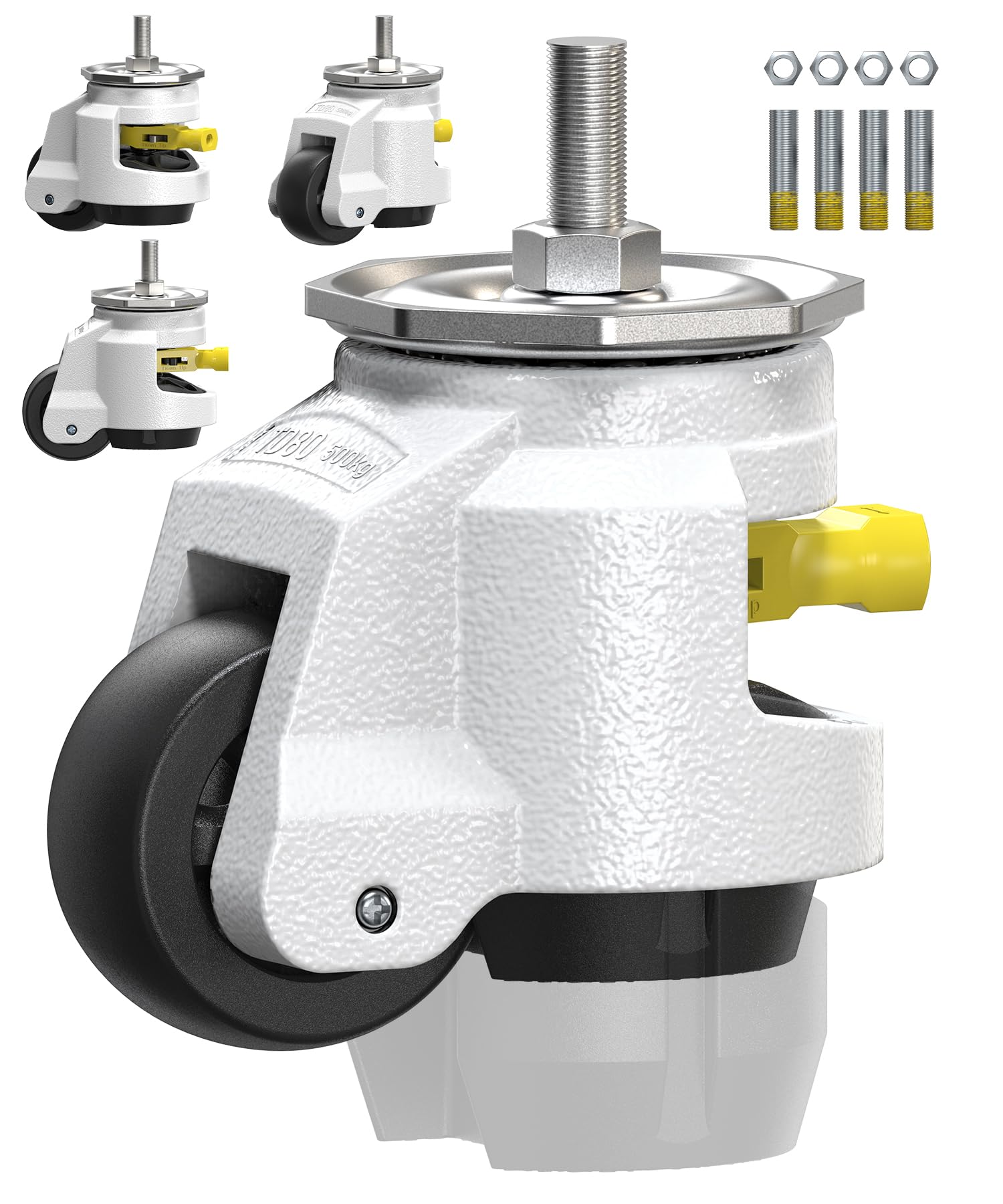 Photo 1 of HOLKIE Leveling Stem Casters Set of 4 Heavy Duty Retractable Caster Wheels, 1/2" and M12 Stem Size, Total Capacity 3300 Lbs, Adjustable Wheel with Ratchet Handle for Workbench, Machine, Equipment