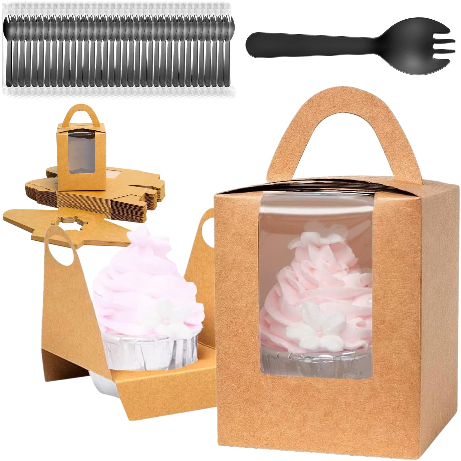 Atarvana 50pcs Kraft Cupcake Boxs Individual with Window Insert and Handle, Individual Cupcake Containers Carriers with 50pcs Spoons and 120 Stickers for for Bakery Wrapping Party Favor Packing
