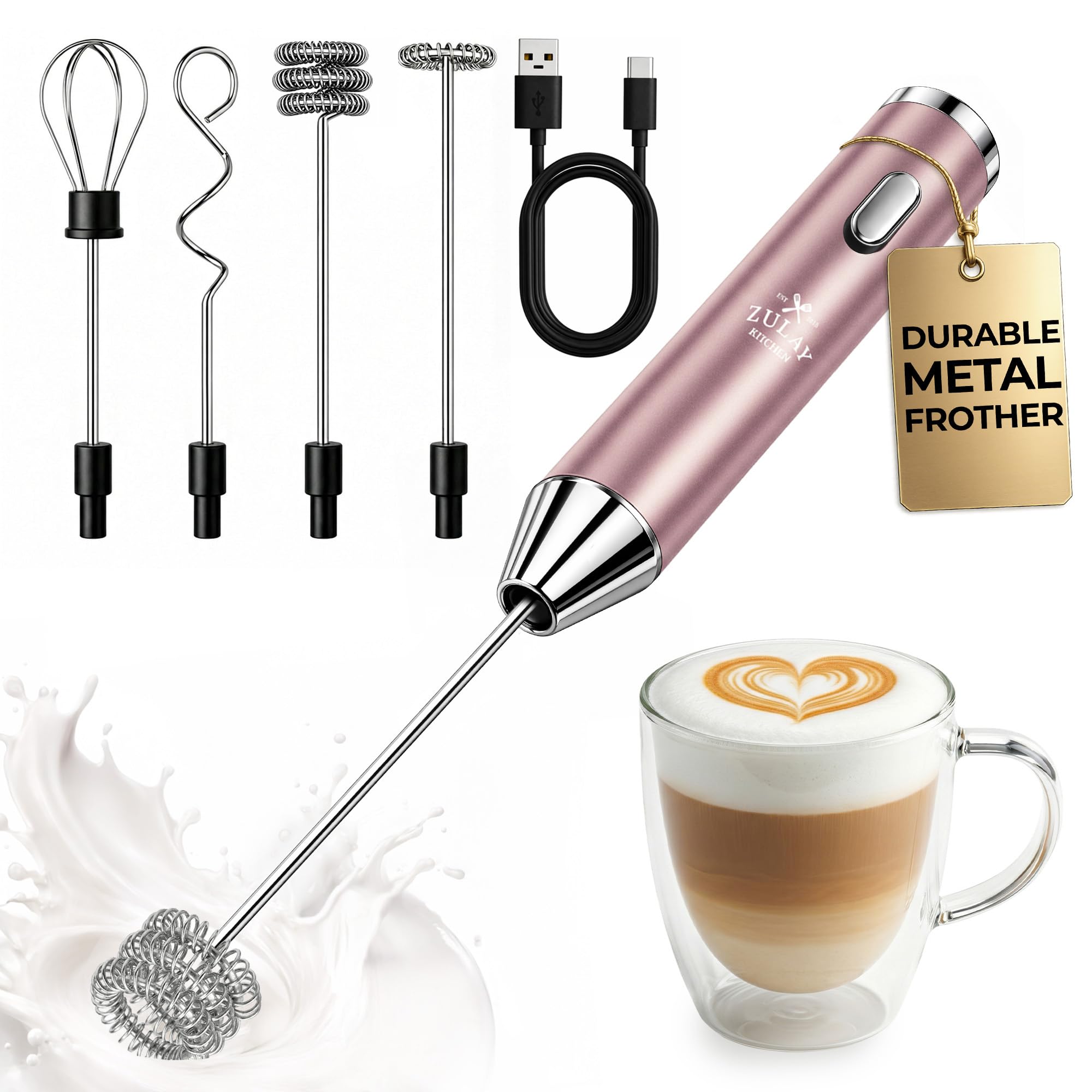 Zulay Kitchen Espumador de leche recargable de metal, 3 accesorios de batidor de mano, carga USB-C de 1800 mAh, mezclador eléctrico de bebidas para proteínas, matcha y polvos, una carga dura hasta 6