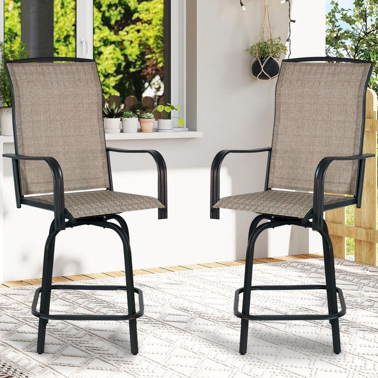 Outdoor Bar Stools Set of 2, 26.6" Seat Height Patio Bar Stools, All Weather Bar Height Swivel Patio Chairs with High Back for Bistro, Patio, Garden