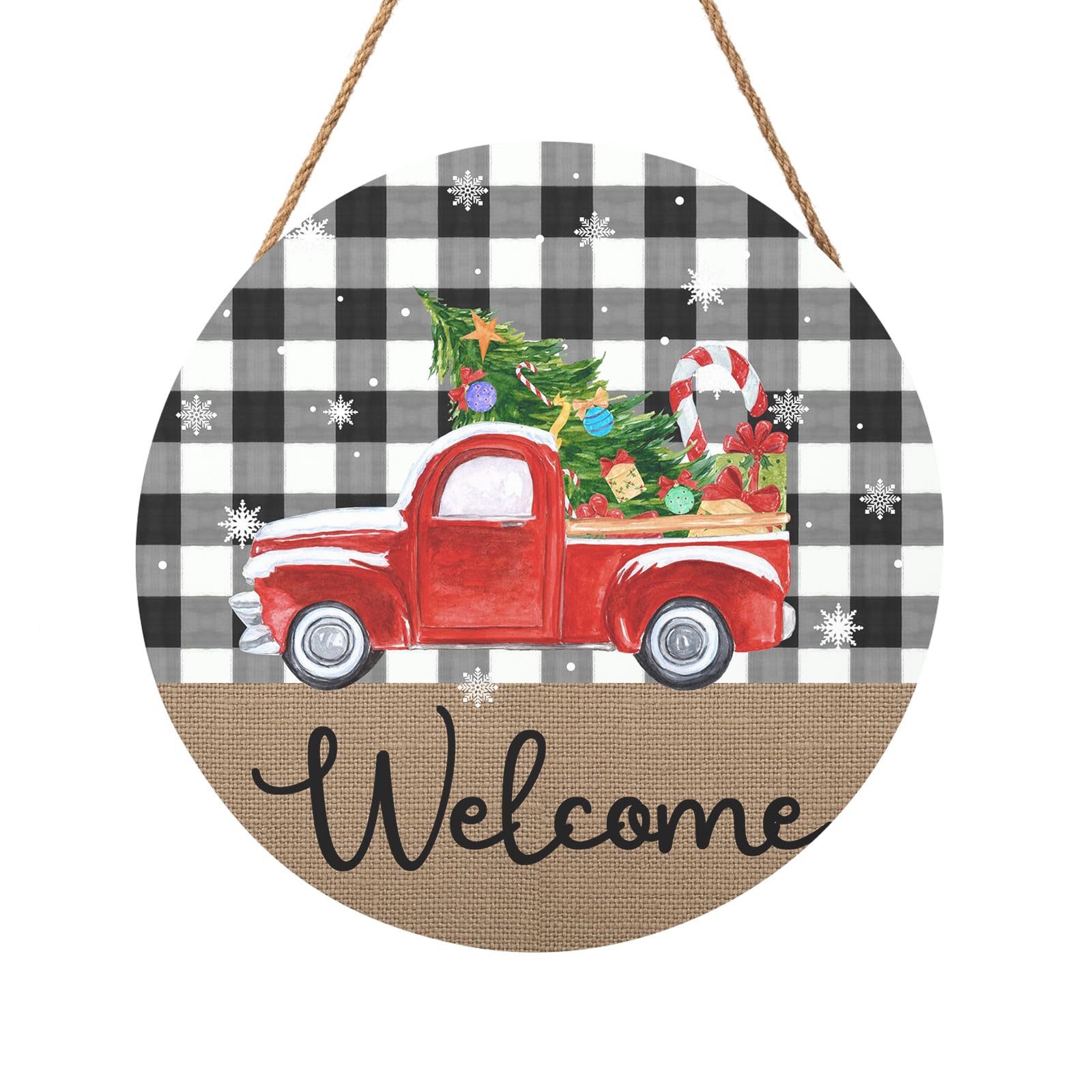 Christmas Welcome Front Door Sign for House Merry Christmas Holiday Decoration Hanging Sign Red Truck Xmas Round Wood Wreaths for Home Wall Porch Yard Garden Farmhouse Xtmas Day 12"x12"