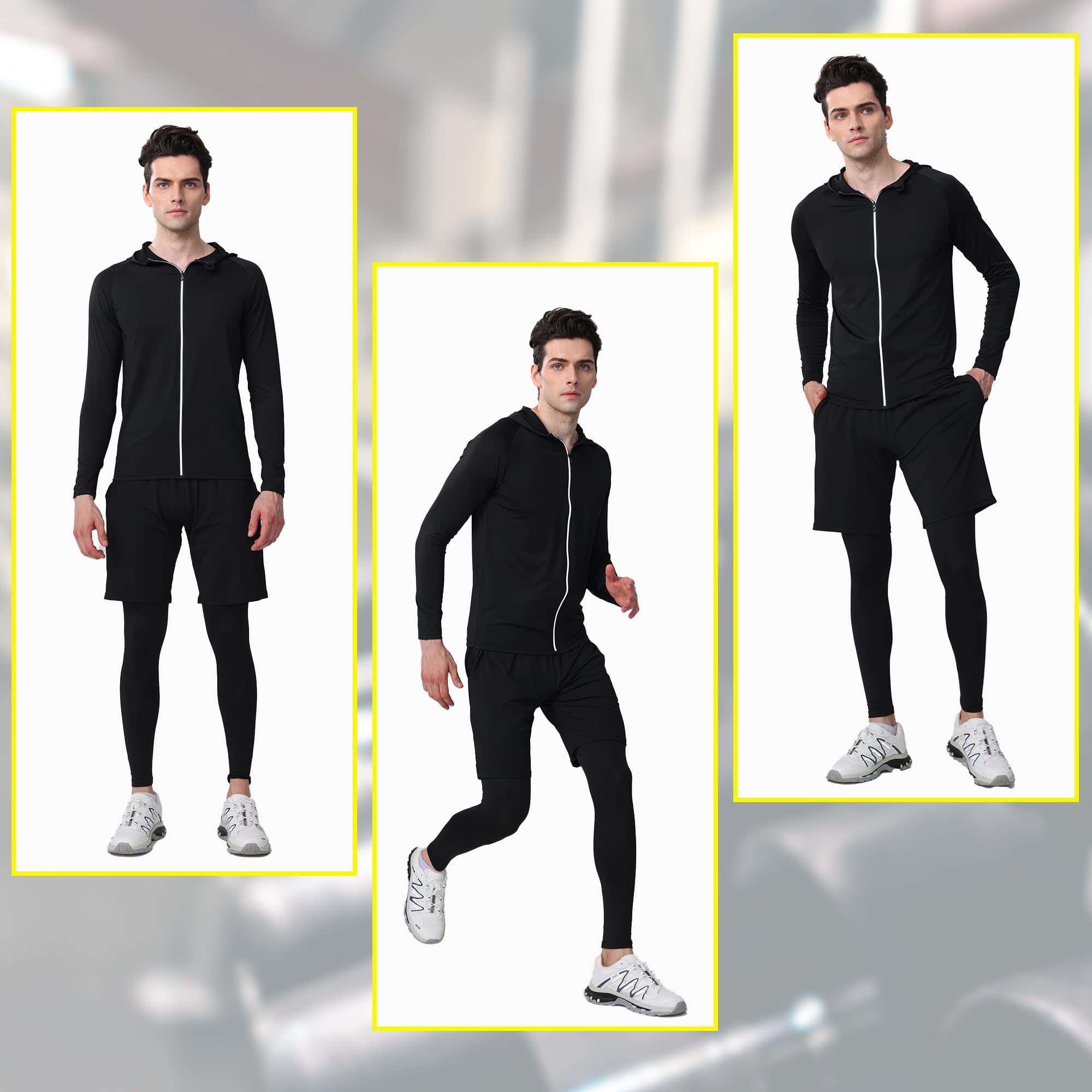Herren Sport Fitness Set 5 Stück Kompressionsshirt Langarmshirt Sporthose Leggings Laufshirt Funktionswäsche Atmungsaktiv Schnelltrocknend Trainingsanzug für Running Gym Outdoor