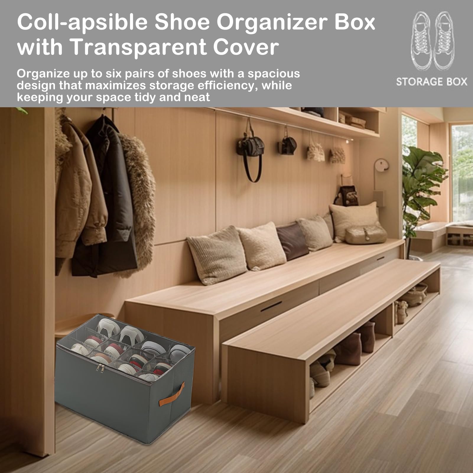 Shoe Organizer For Closet, Shoe Rack, Fabric Shoe Organizer Storage Box, Shoe Storage Bins With Clear Cover, Adjustable Dividers Fits, With Handle For Living Room Dormitory Entrance Closet