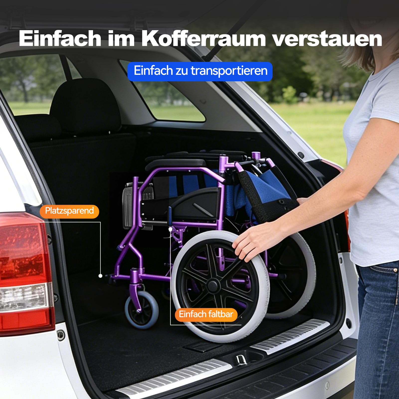 M3 Ultraleicht Rollstuhl Faltbar Leicht, Transitrollstuhl, Bremse an den Griffen Reiserollstuhl für Behinderteund Senioren, FuBstütze, Armlehnen, leicht, Sitzfläche 45 cm, Lila