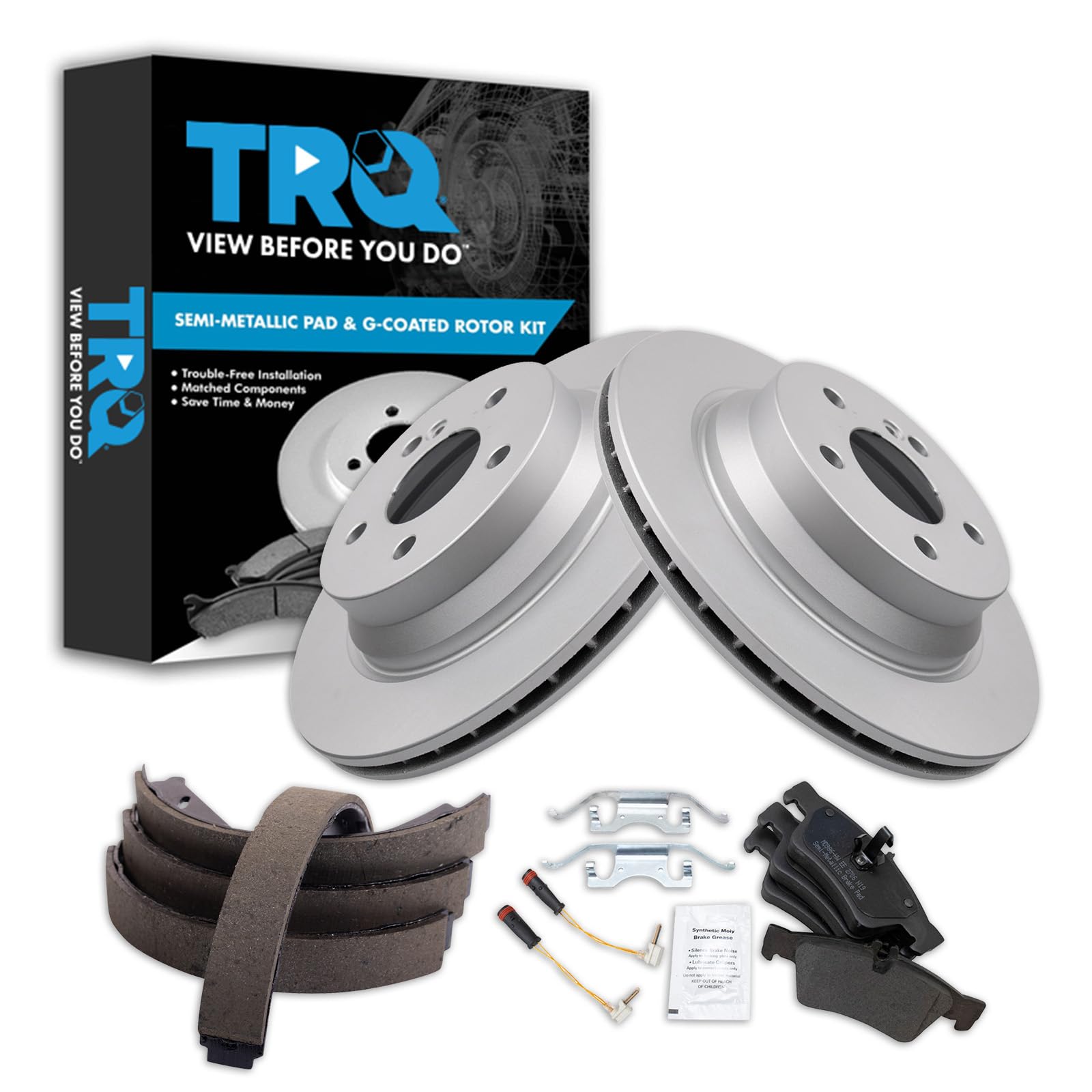 TRQ Rear Brake Pad and Rotor Set Semi Metallic Coated Rotors Parking Shoe