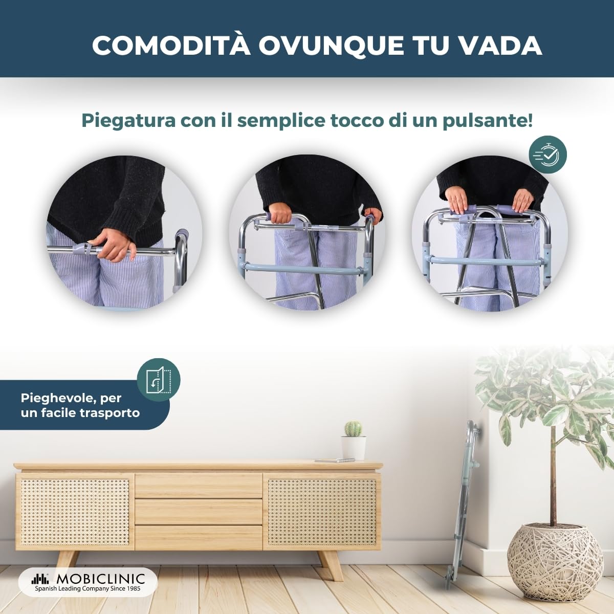 Mobiclinic®, Telaio per anziani, Modello capitel, Marchio europeo, Pieghevole, Regolabile in altezza, Antiscivolo, Adulti o disabili, Leggero e robusto, 2 ruote, Alluminio, Colore grigio