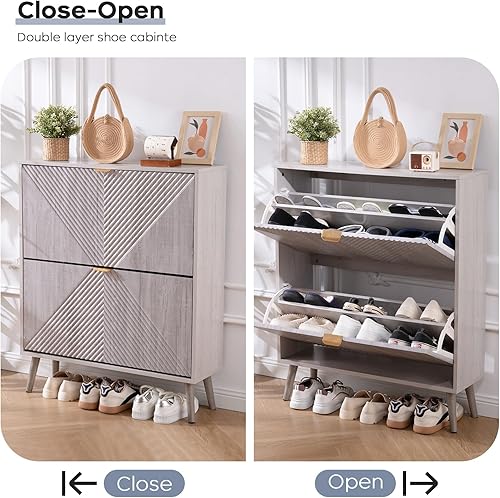 Miniatura 7 de Gabinete de zapatos con 2 cajones abatibles, armario de almacenamiento oculto de 31.5 pulgadas con panel estriado, organizador de zapatos