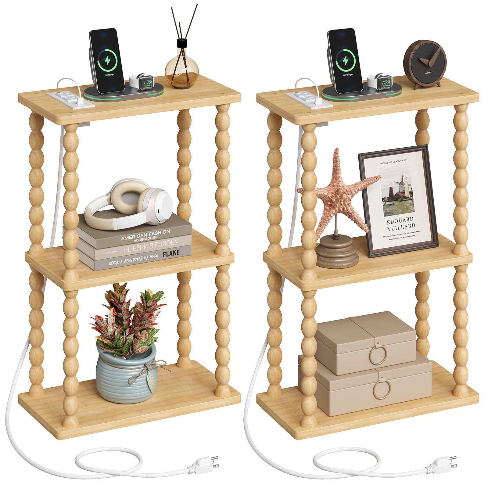 ELYKEN Side Table with Charging Station, Set of 2 Small End Tables Living Room with USB Port and Outlet, 3-Tier Narrow Bamboo Bedside Table