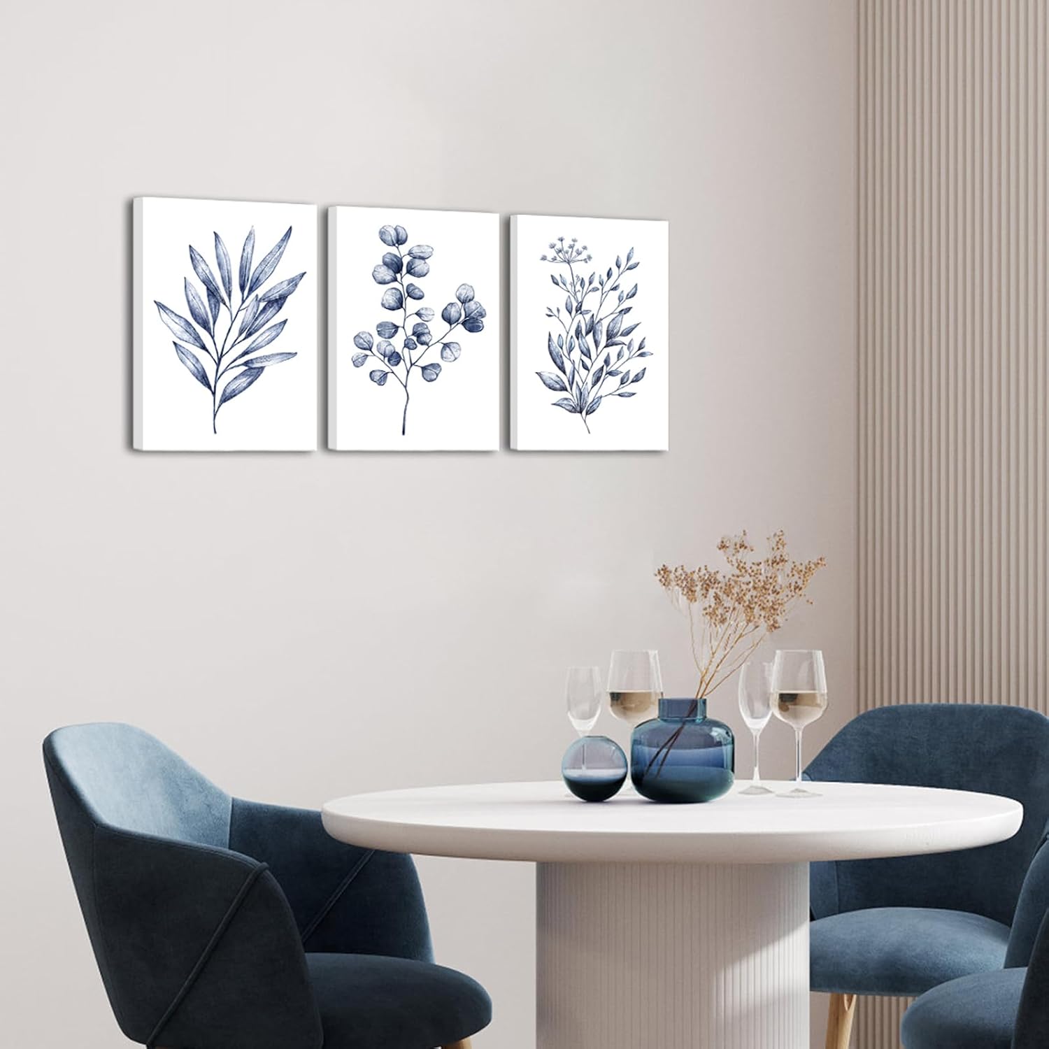 Conipit Navy Blue Botanical Wall Art Canvas Minimalist Abstract Leaf Painting Blue White Leaf Plant Artwork Prints Framed for Living Room Bedroom Wall Decor 12''x16''x3pcs