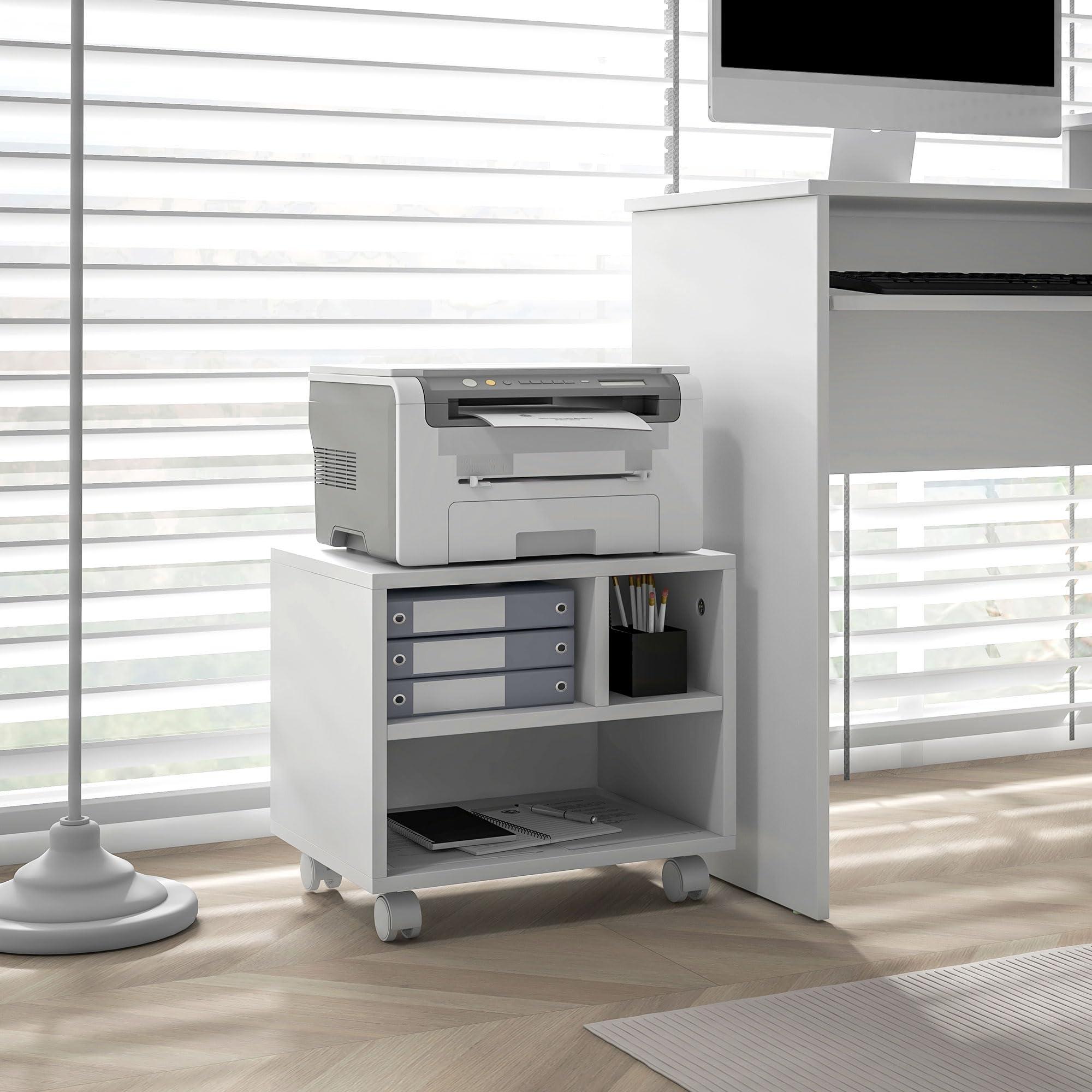 HOMCOM Mueble de Impresora con Ruedas Soporte de Impresora con Compartimentos Abiertos para Oficina Estudio 40x30x36 cm Blanco