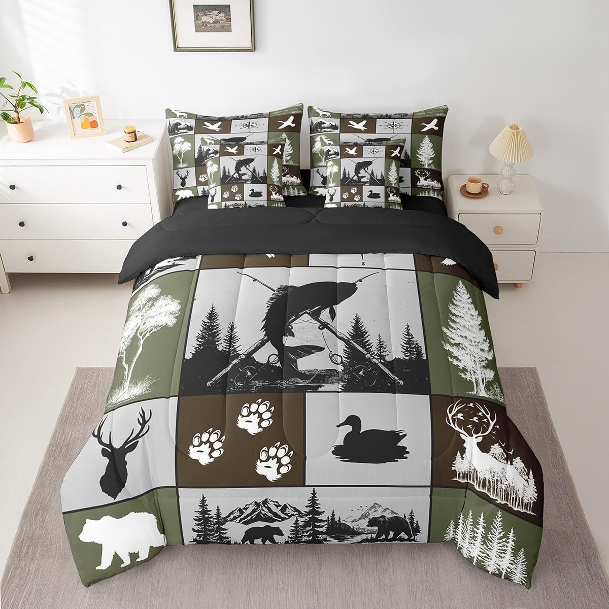 Feelyou Big Pike Fish Hunting 7 Piece Bedding Set Full Size for Boys Teens Kids Duck Deer Hunter and Fishing Themed Comforter Set with Sheets Plaids Rustic Camping Bed in a Bag Home Decor - Image 5