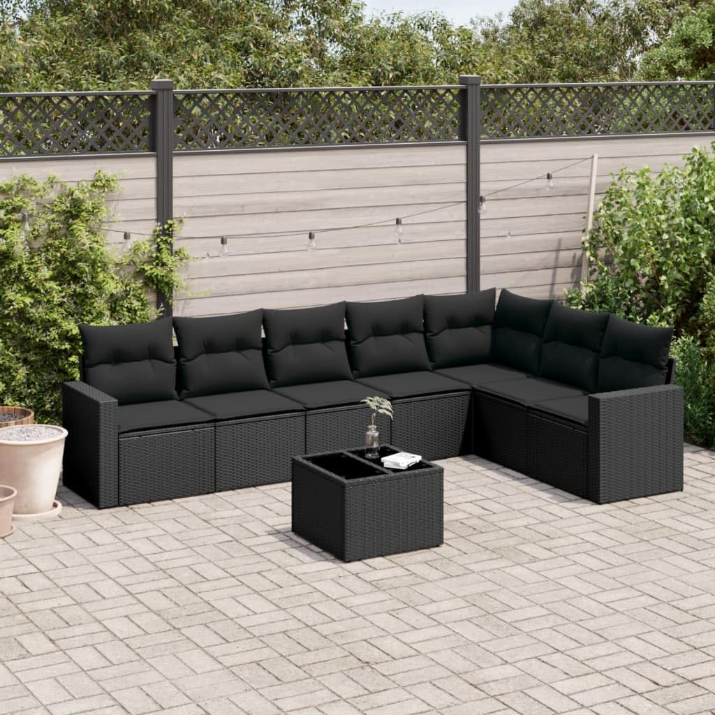 Salon de jardin modulable 8 pièces en polyrotin avec coussin noir, canapé de jardin modulable avec espace de rangement et sac imperméable, plateau en verre trempé, housses amovibles et