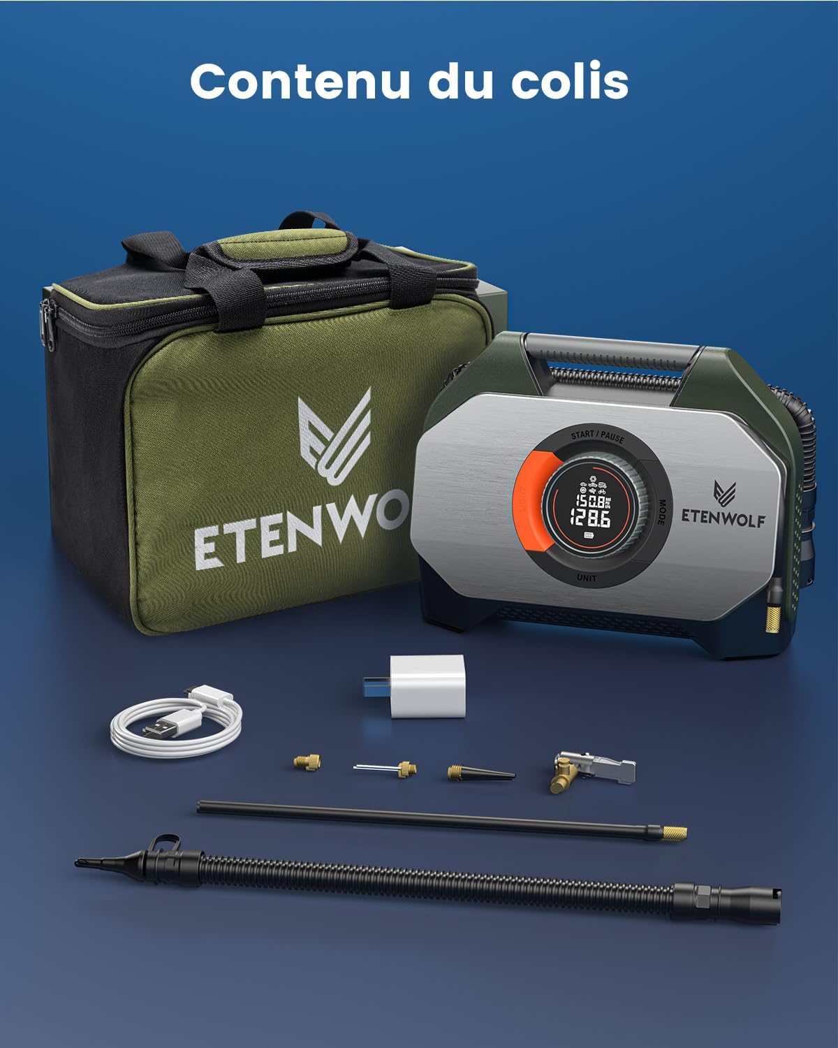 ETENWOLF VORTEX S7 38400mAh Gonfleur Pneus Voiture Sans Fil 11,03Bar | compresseur portatif pour véhicules lourds et voitures - Cycle continu 100% et double cylindre pour une performance durable