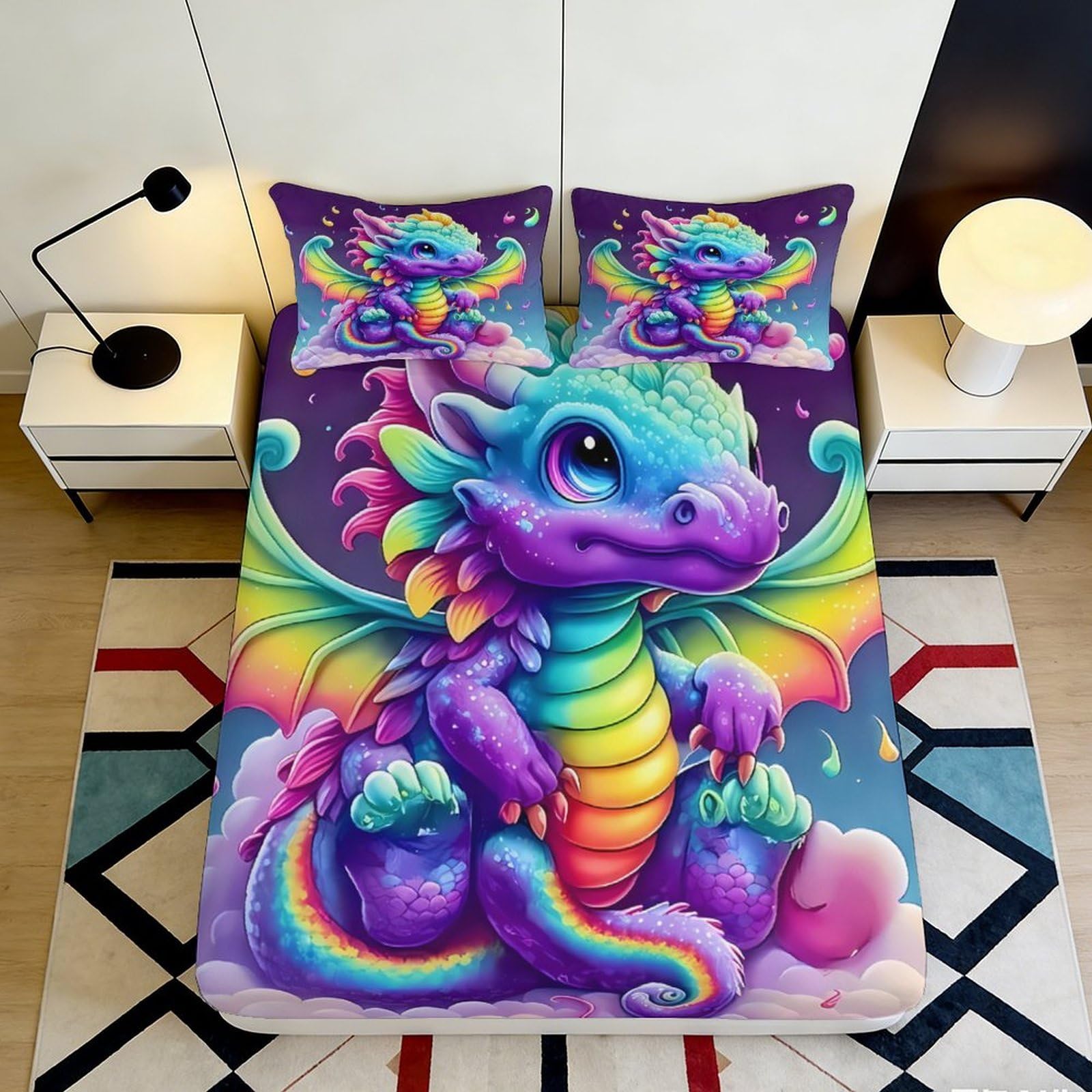 3D Printed Rainbow Dragon Fitted Sheet Microfiber Vibrant Cartoon Mattress Cover for Bedroom Guest Room Mattress Decoration 90x200x25cm
