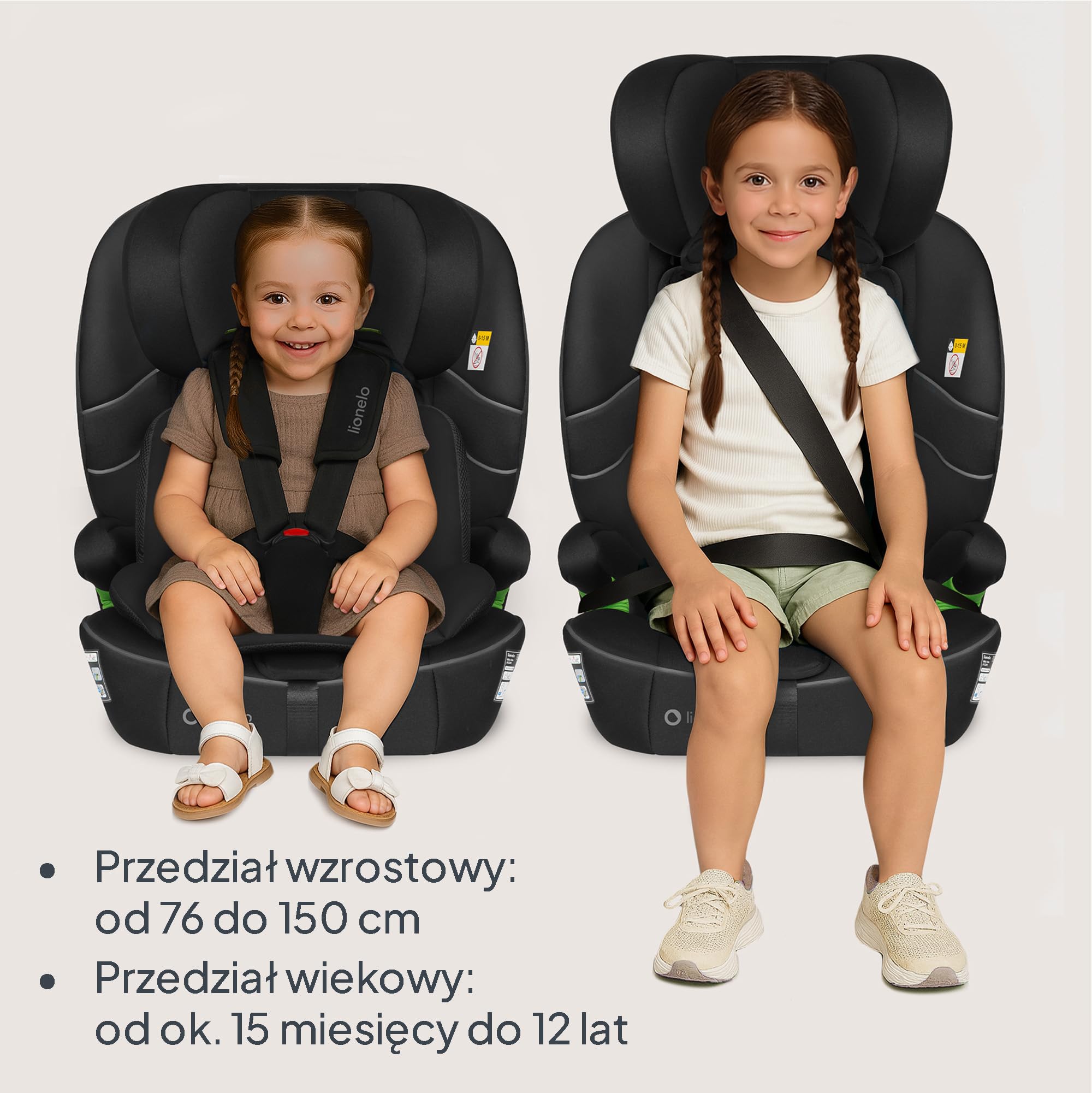 LIONELO Fotelik samochodowy Billy i-Size dla dzieci 76-150 cm (15 miesięcy – 12 lat) montaż na pasku lub na pasku, 10-pozycyjny zagłówek, ochrona boczna, górny pasek mocujący, 5-punktowa uprząż z