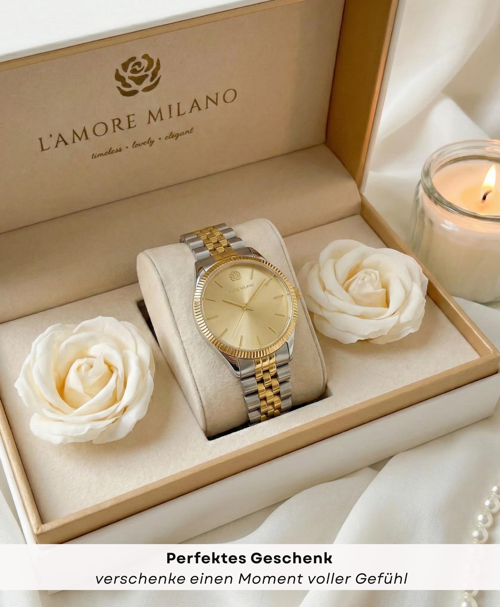 L'AMORE MILANO Damenuhr Weihnachten Frauen - Hochwertige Armbanduhr Damen in Rosenbox - Geschenke für Freundin, Mama - 32mm Damen Uhr Gold