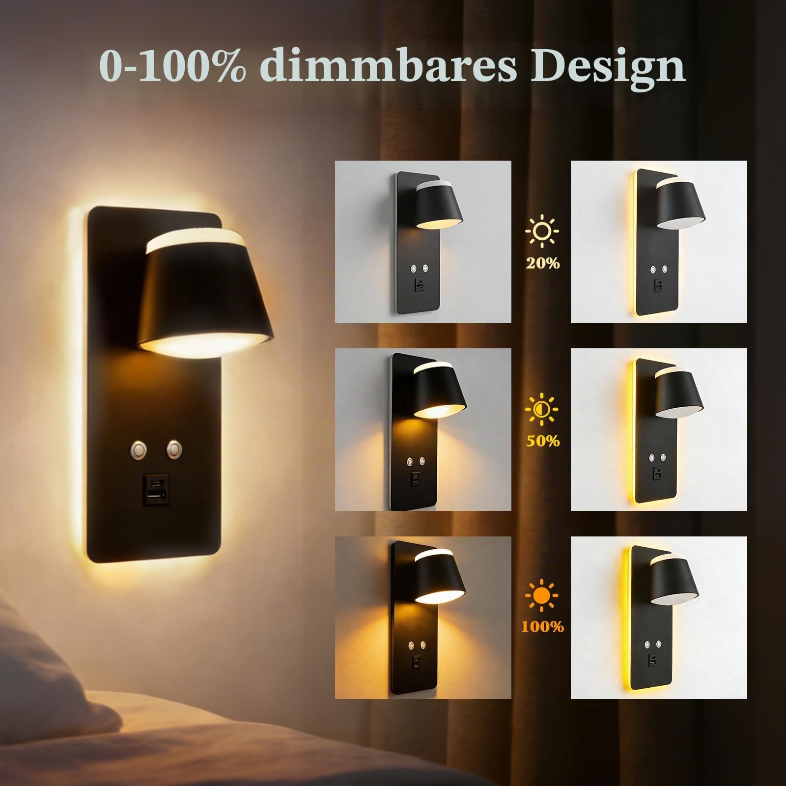 LED Wandleuchte Innen, 3 IN 1 LED Wandleuchte mit Schalter, 12W Dimmbar Nachttisch Leselampe mit USB Ladeanschluss, LED Wandleuchte für Hotelflur, Innenbereich, Nachttischlampe Wohnzimmer(2PCS)