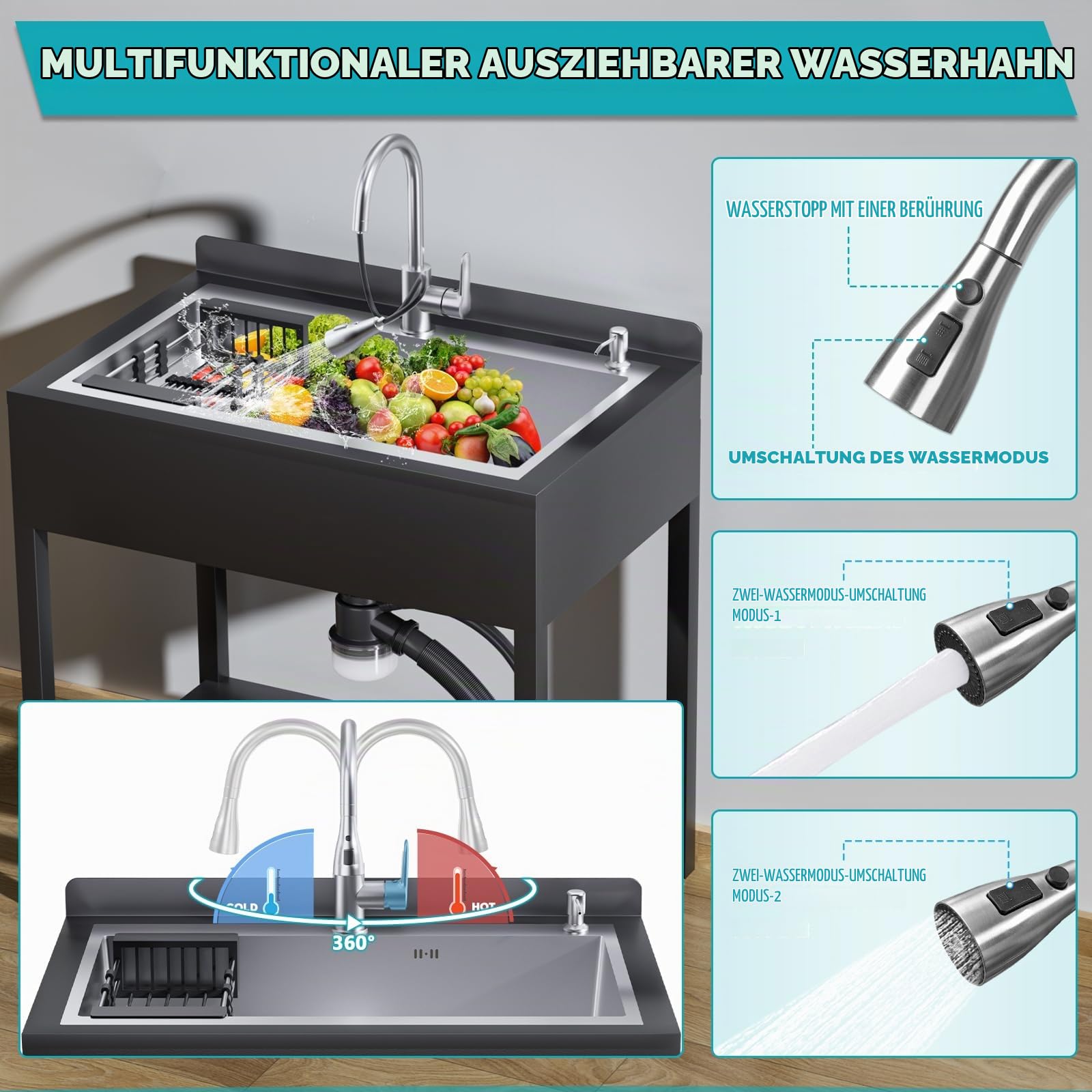 Freistehende Edelstahl Waschspüle für Außenbereich, Spülbecken Küchen Spüle mit Abtropfschale & Ausziehbarem Wasserhahn & Kalt-Warmwasserrohre, Kitchen Sink Handwaschspüle für Küche, Garage, Garten