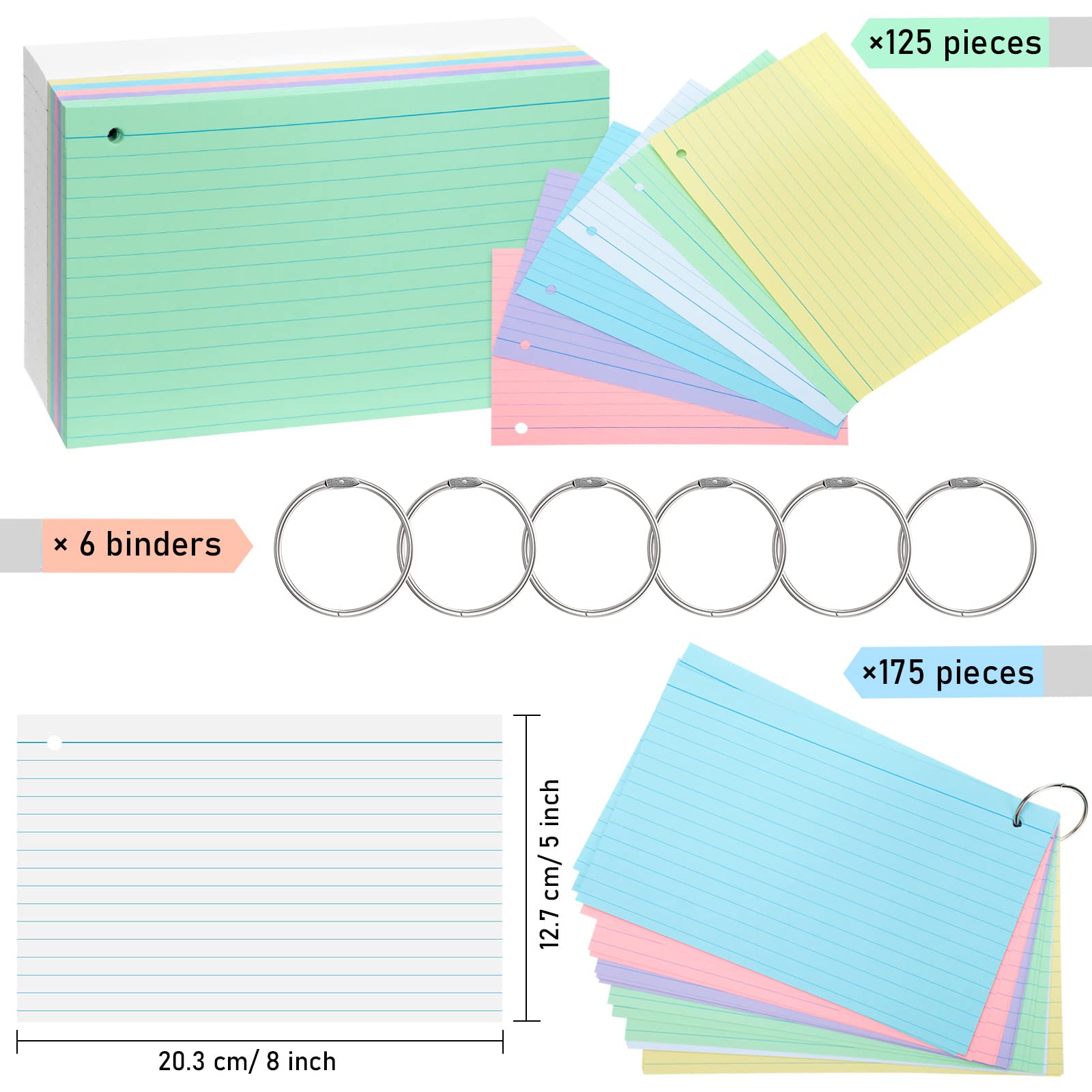 Epakh 300 Stück linierte Karteikarten, 180 g/m², dicke Karteikarten mit Ringen, gelocht, Schulanfang, für Studium, Erwachsene, Zuhause, Uni, Büro (12,7 x 20,3 cm, helle Farbe)