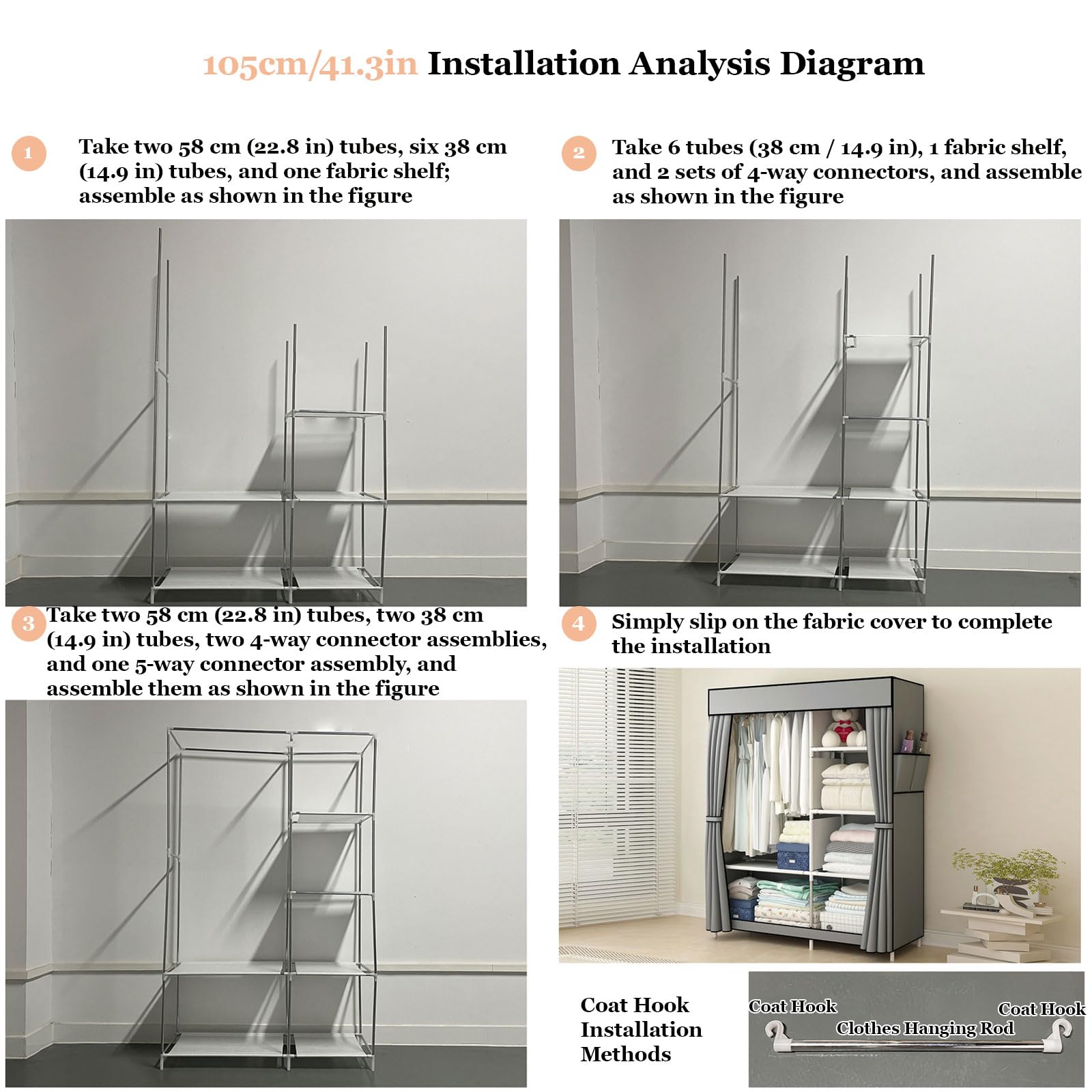 Generisch Kleiderschrank Stoff Stabil, Stoffschrank mit Fächern, Stoffschrank mit großer Kapazität, mit Abdeckung, 6 Lagerregalen und 3 Kleiderstangen, Stabiler Freistehender,Lila,41.3''