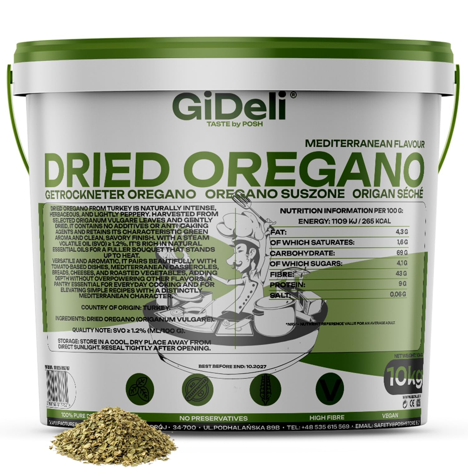 GiDeli Oregano 10kg im Eimer - Getrocknete Oregano Blätter- Türkisches Gewürz für Italienische Küche - Pasta Fisch Pizza Suppen Salat und Fleischgericht
