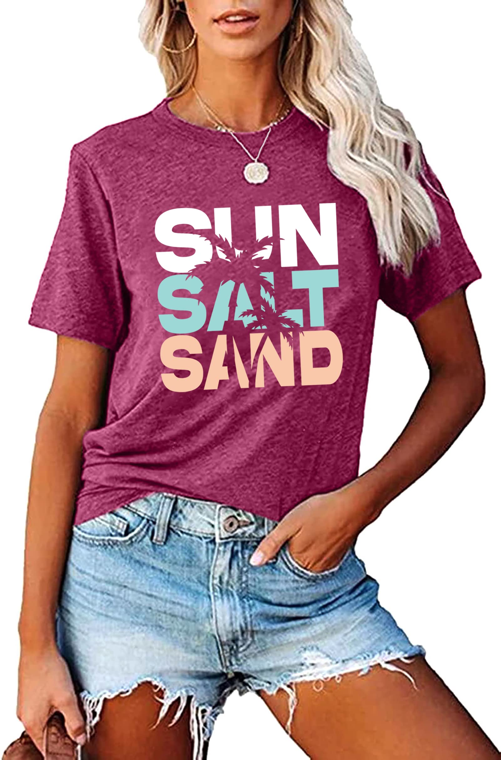 Sun Salt Sand Beach Tshirt for Women Summer Coconut Tree Graphic Casual Short Sleeve Loose Fit Tee Blouses