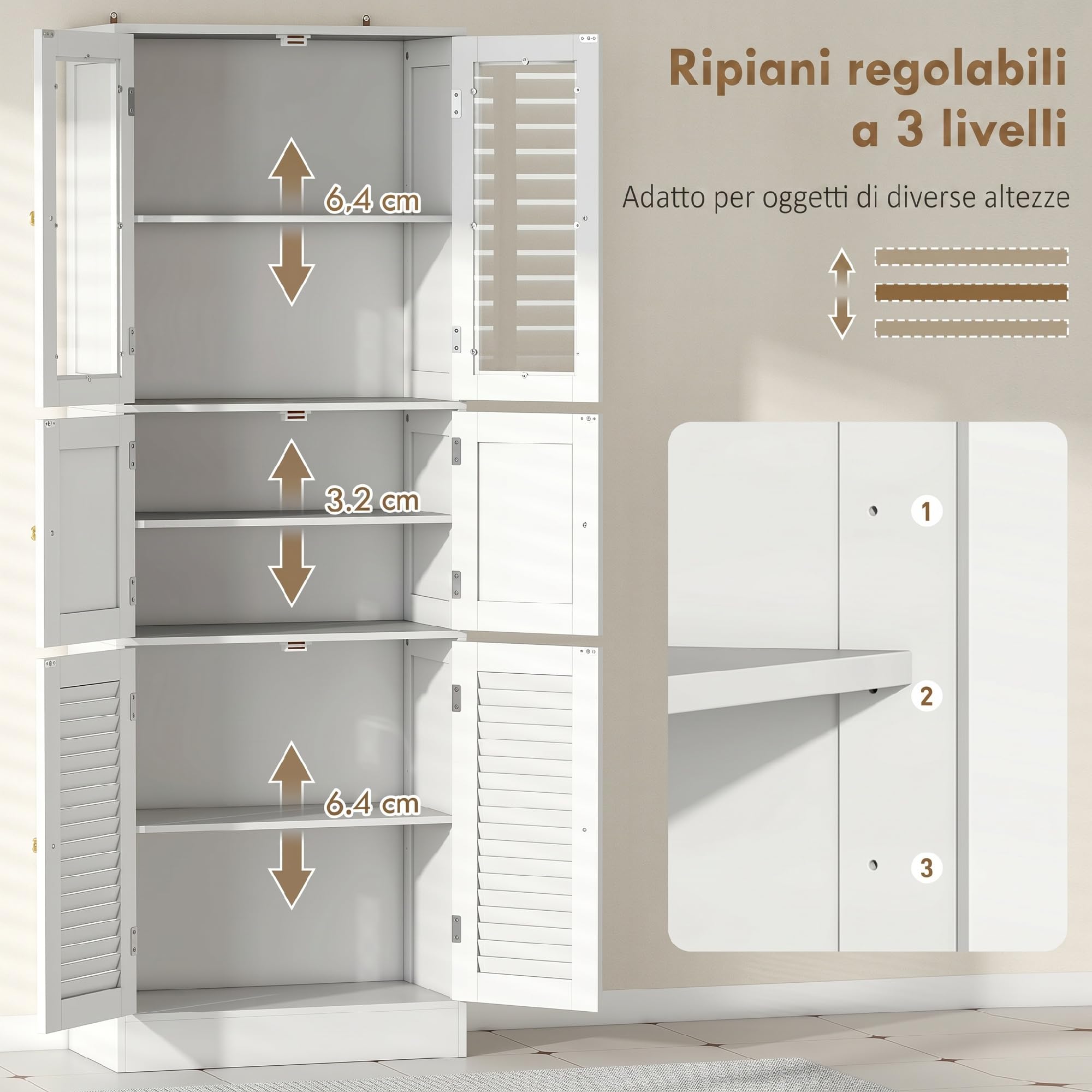 HOMCOM Mobile Bagno Alto Slim con 3 Armadietti a Maniglie, Mobiletto Bagno Salvaspazio con Ante Magnetiche in Vetro, a Persiana e Ripiani Regolabili, per Sala da Pranzo Soggiorno, 60x30x170cm, Bianco