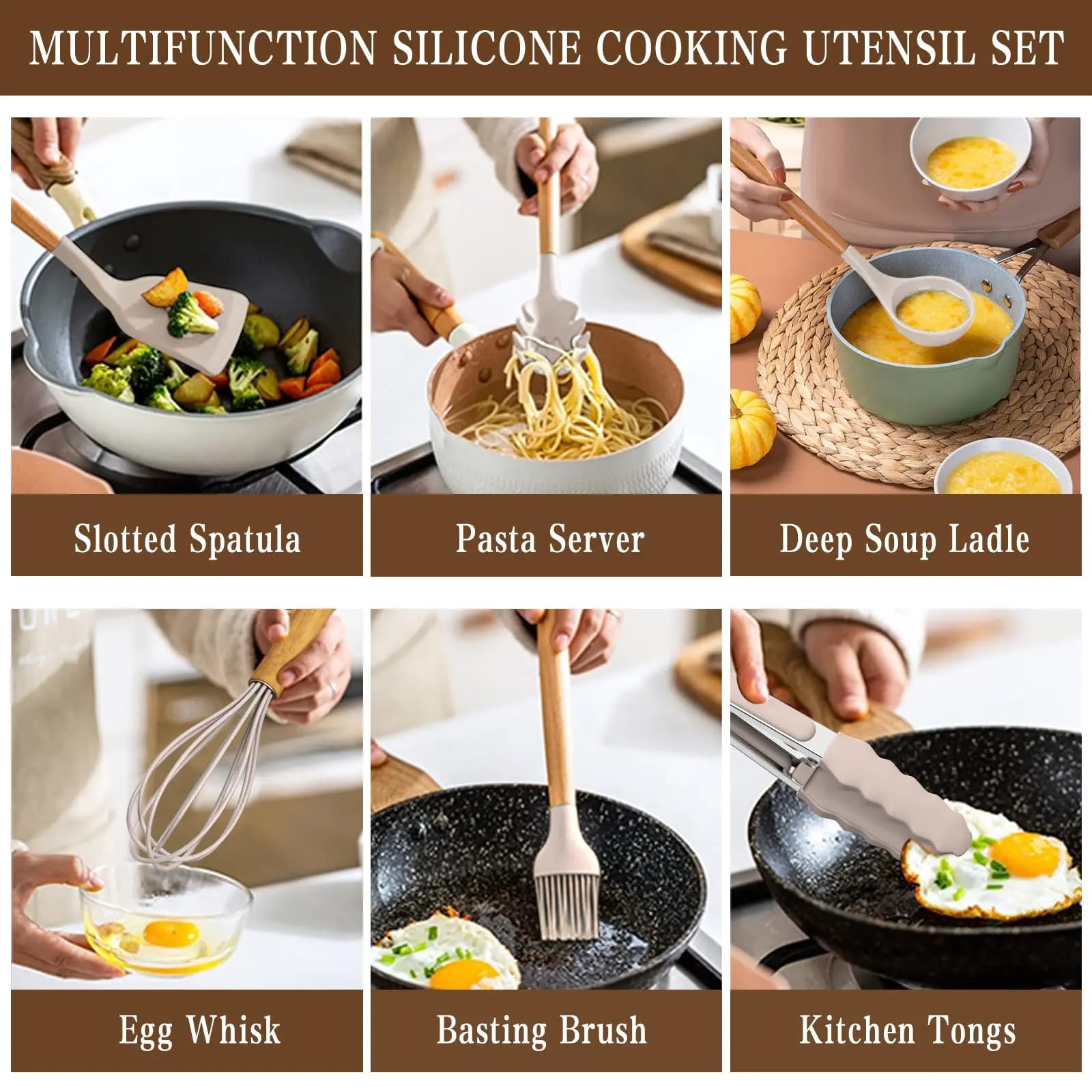 Juego de utensilios de cocina de silicona, 33 piezas, antiadherentes con mango de madera, juego de espátulas de silicona resistentes al calor con soporte (beige)